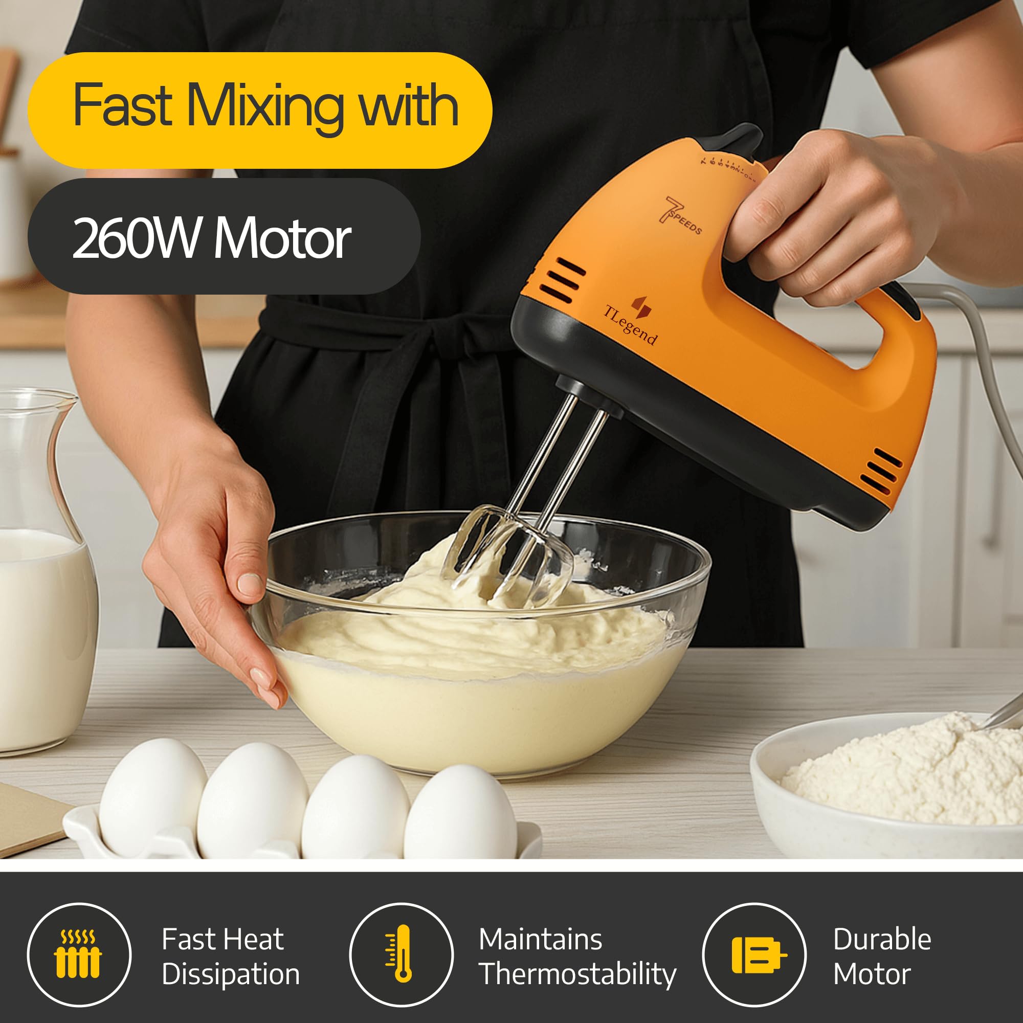 TechnoLegend Hand Mixer Electric Handheld – 7 Speed Ultra Power Electric Mixer Handheld (Orange)