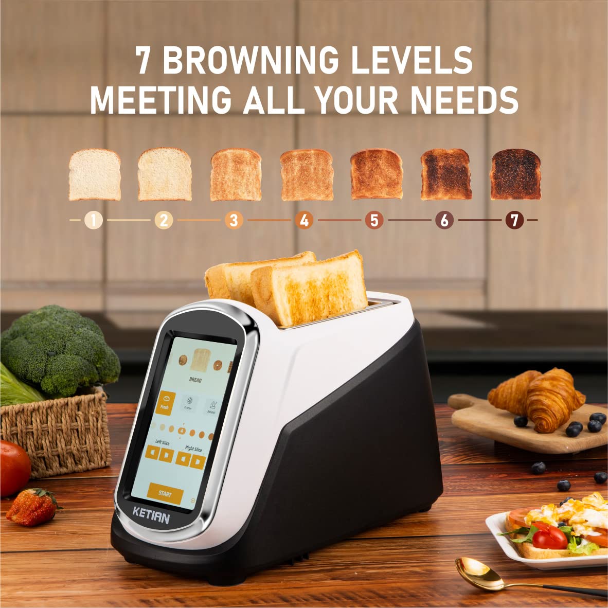 2 Slice Touchscreen Toaster,2 Wide Slots,Smart Bread Toaster for Bagel English Muffins Toast Pastry Waffles Bread, Customize Toasting Time,Have a Quick Look,120V 1400W