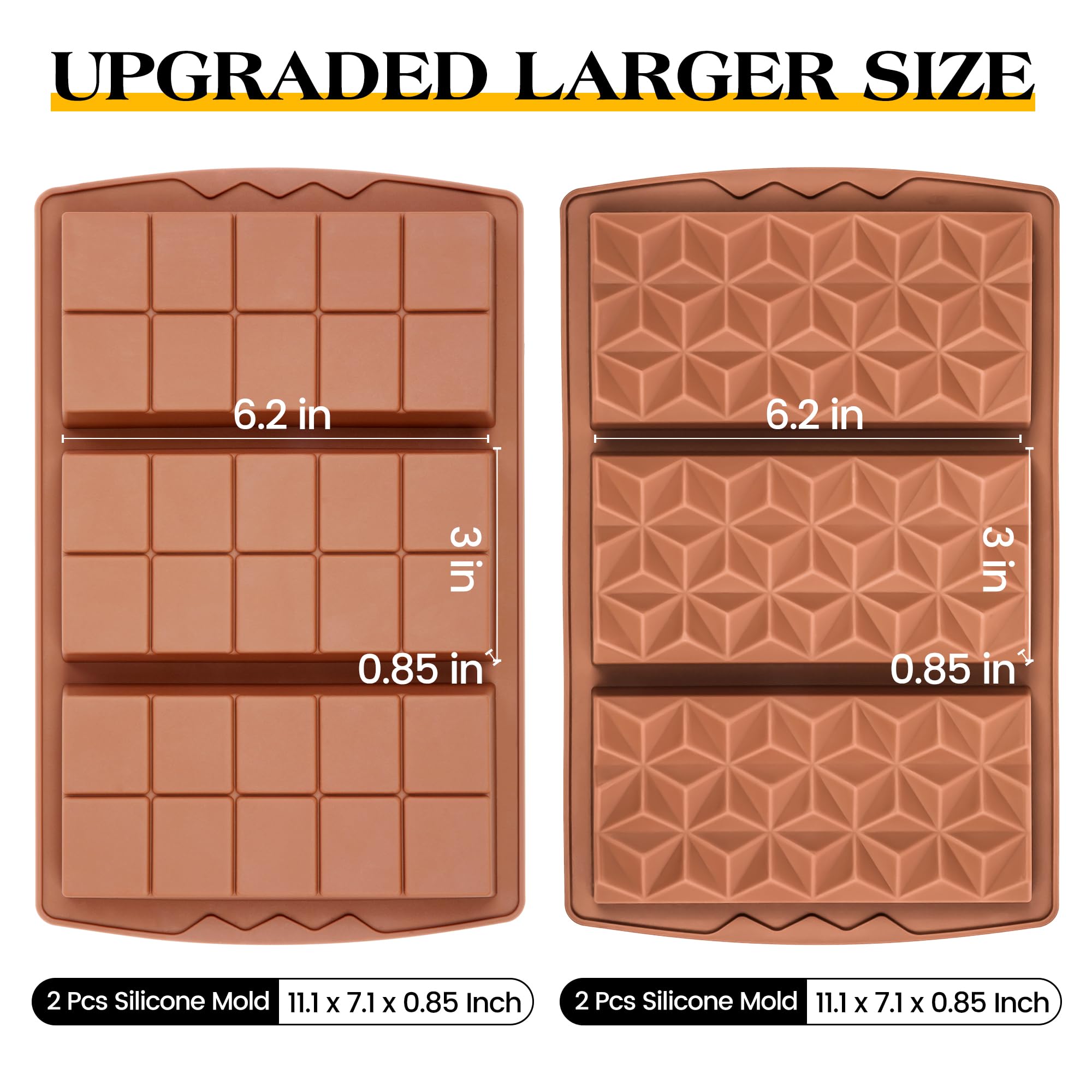 KASHME 4 Pcs Chocolate Bar Mold Deep Dubai 0.85 Inch Stuffed Chocolate Molds Silicone Large Break Apart Silicone Molds (10 Snap + Pyramid)