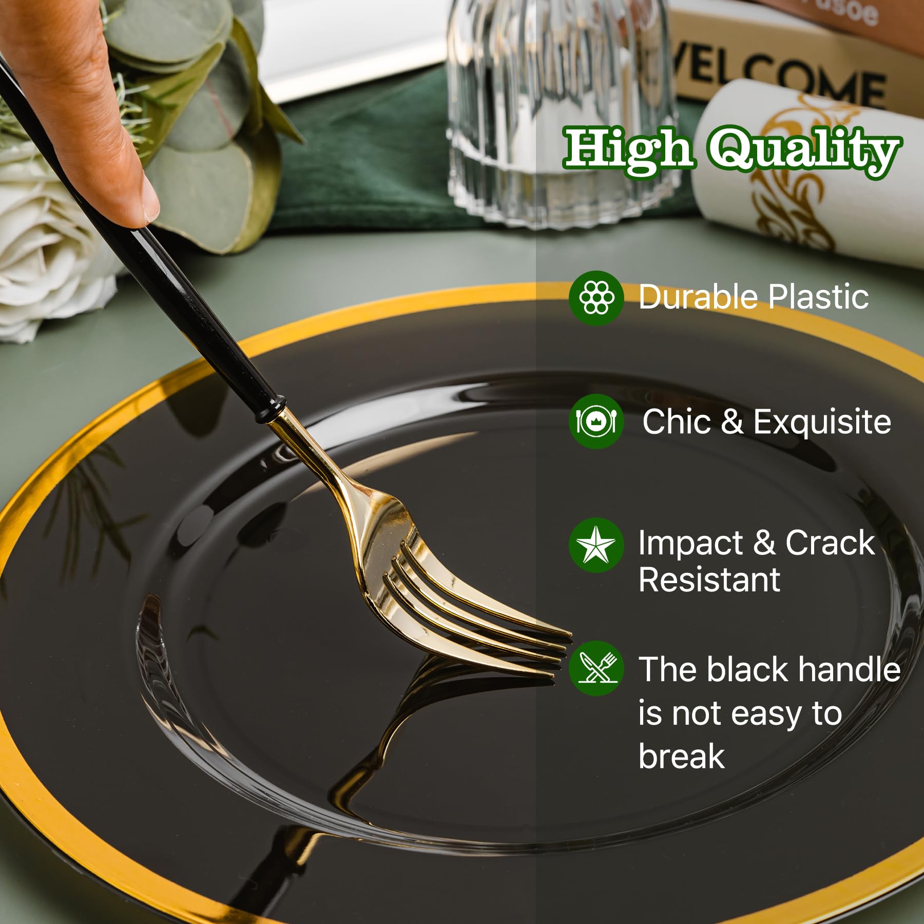 N9R 150Pcs Gold Plastic Silverware - Gold Disposable Cutlery Set with Black Handles with 50 Forks, 50 Spoons and 50 Knives - Perfect for Parties,Halloween, Birthdays, Wedding and Everyday Use