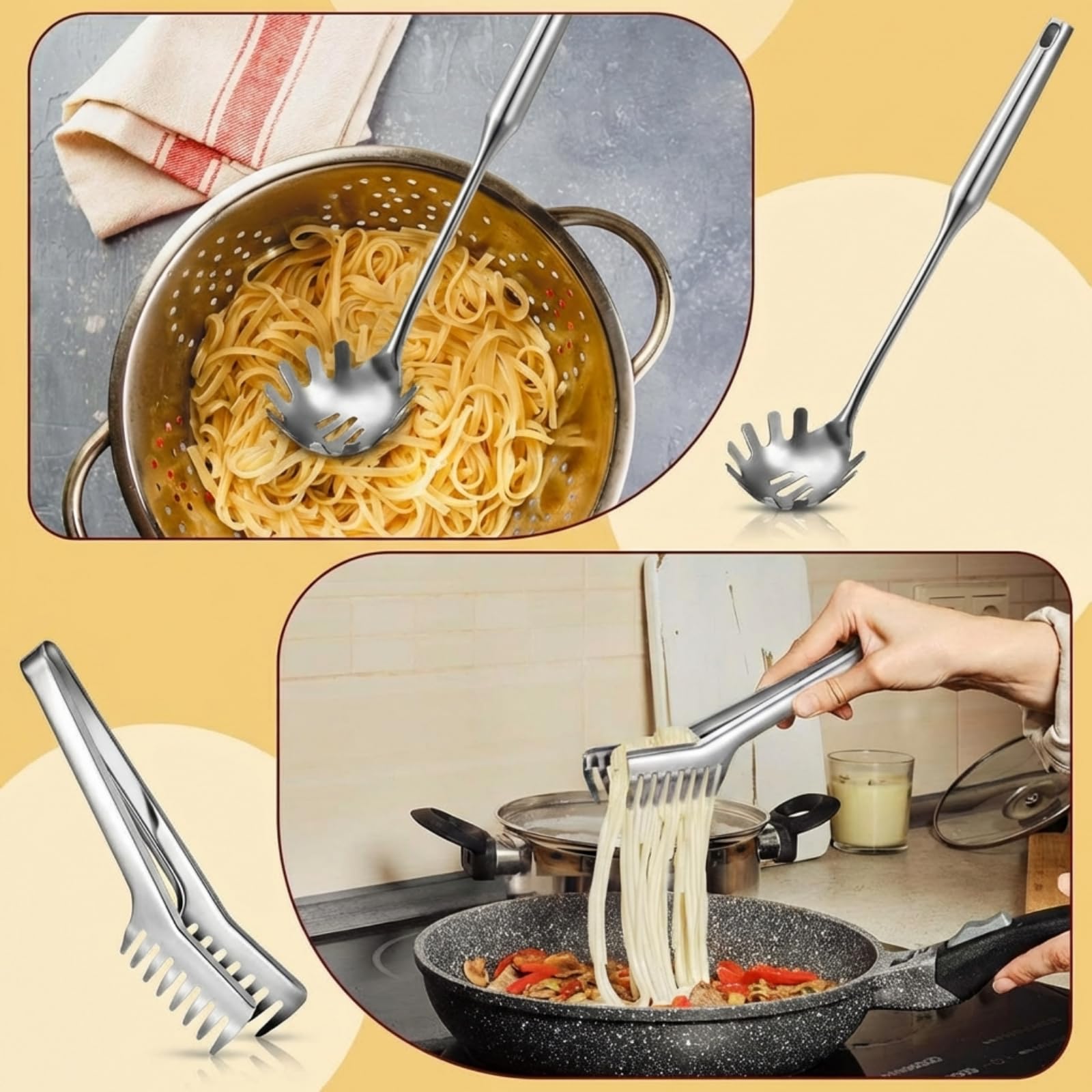 Patelai Stainless Steel Spaghetti Spoon and Pasta Tongs Set, Long Handle Noodle Server Tools with Drain Holes, Non-slip Grip for Cooking, Serving Pasta and Noodles(Sliver)