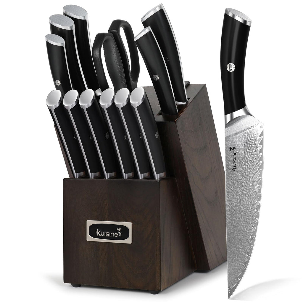 KUISINE Chef Knife Set, High Carbon Stainless Steel Ultra Sharp Blade Ergonomic Handle, Kitchen Knife Block Set with Built-in Sharpener, Elegant Gift for Holiday(15 PCS Pro White)