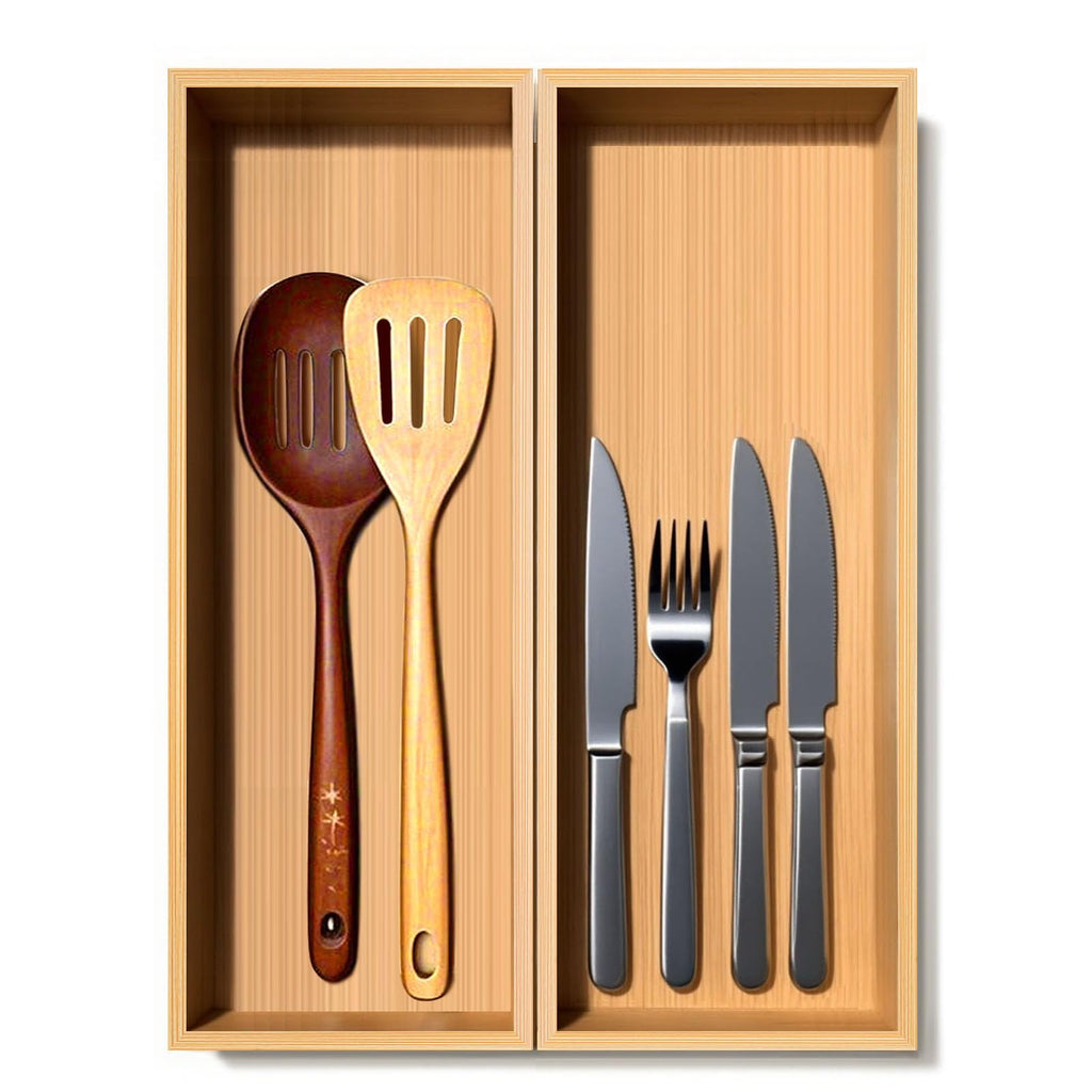 guiogc Bamboo Drawer Organizer, Utensil Organizer for Kitchen, Bamboo Storage Box Wood Silverware Tray for Drawer Set of 2