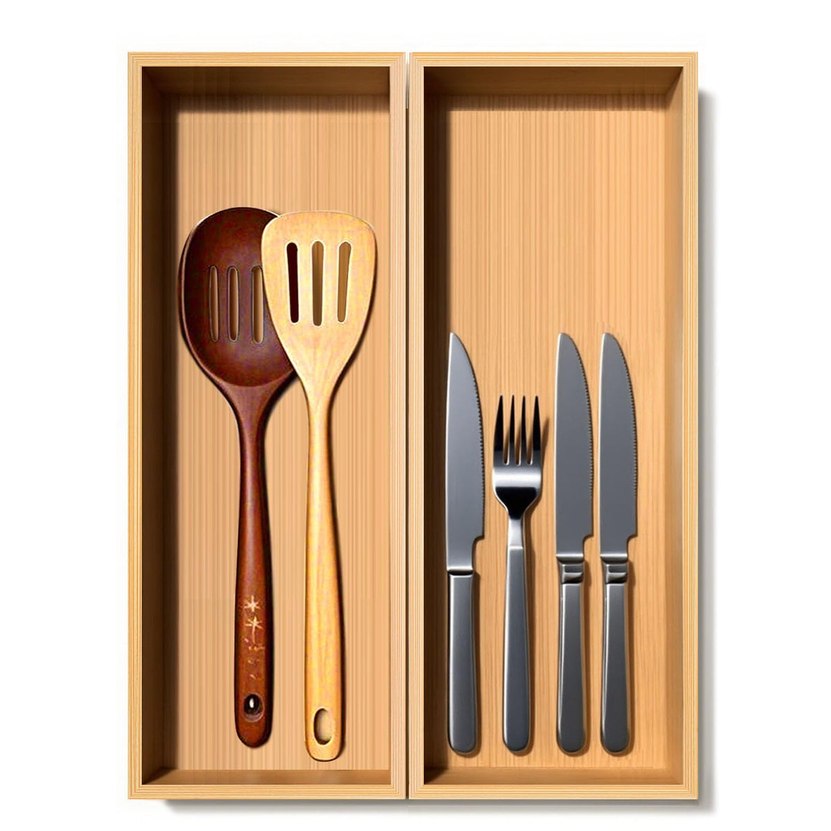 guiogc Bamboo Drawer Organizer, Utensil Organizer for Kitchen, Bamboo Storage Box Wood Silverware Tray for Drawer Set of 2