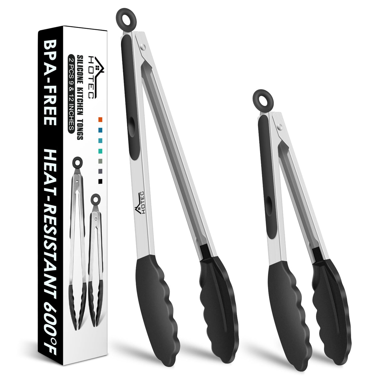 HOTEC Stainless Steel Kitchen Tongs with Silicone Tips, Set of 3-7",9" &12"