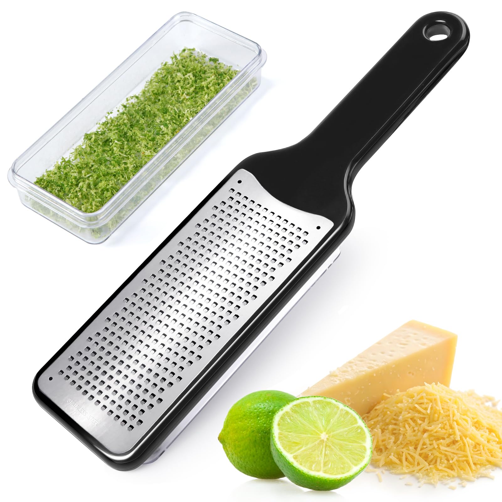 LHS Citrus Lemon Zester & Cheese Grater with Container - Zester Grater with Handle for Parmesan Cheese, Ginger, Garlic, Nutmeg, Chocolate, Fruits, with Anti-Slip Base, Dishwasher Safe