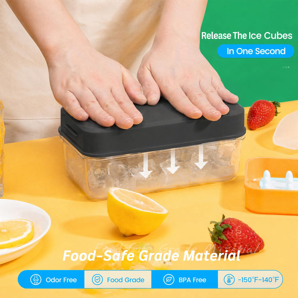 0.8“ Ice Cube Tray with Lid and Bin, PHINOX 56 Cubes Ice Trays for Freezer, Ice Cube Trays for Freezer with 2 trays, Container, Lid & Ice Scoop, BPA Free, Black(28Cubes/Tier)