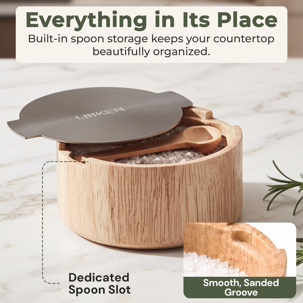 Wooden Salt Cellar with Stainless Steel Lid - 6 Oz Flaky Salt Container