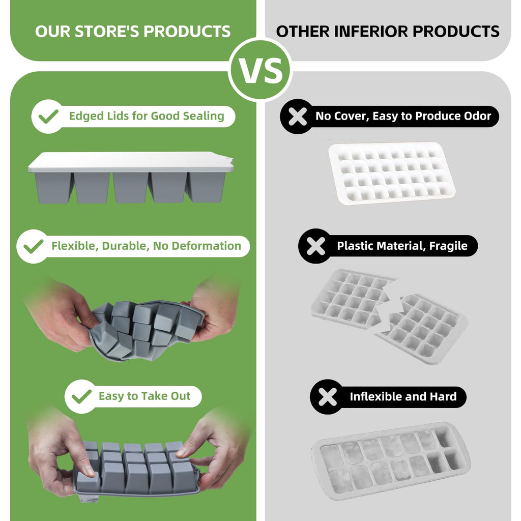 Silicone Ice Cube Tray, 2 Pack Easy-Release Stackable Ice Trays for Freezer with Lid 15 Reusable Cubes, Food Grade BPA Free Ice Molds for Whiskey, Baby Food, Coffee, Cocktail, Drinks (Grey)