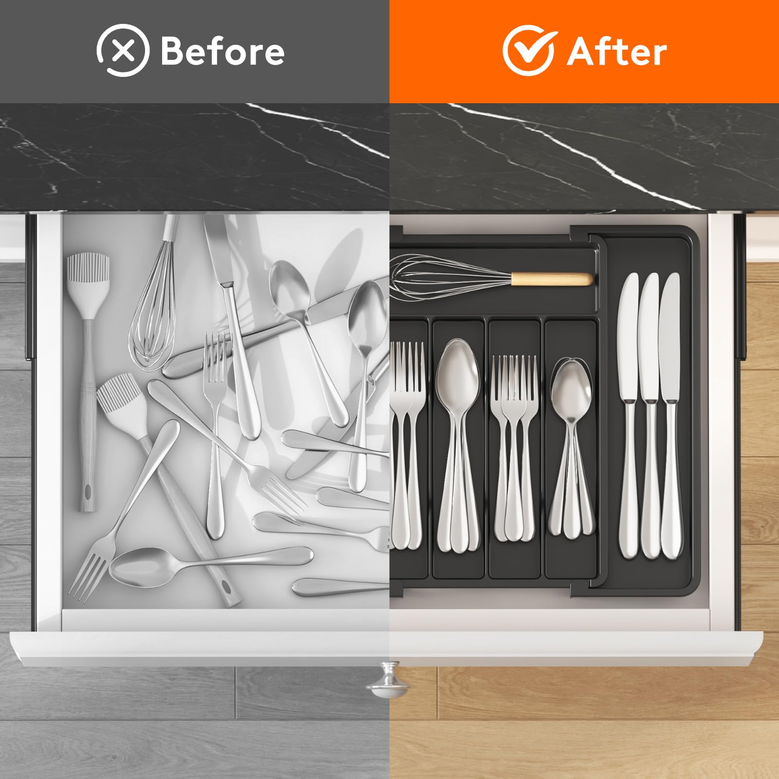 Lifewit Expandable Silverware Organizer, Plastic Utensil Tray for Kitchen Drawer, BPA Free Flatware Cutlery Holder, Space-Saving Storage for Spoons Forks Knives, 8-13.8 x 11.2 x 1.4 inch, Black