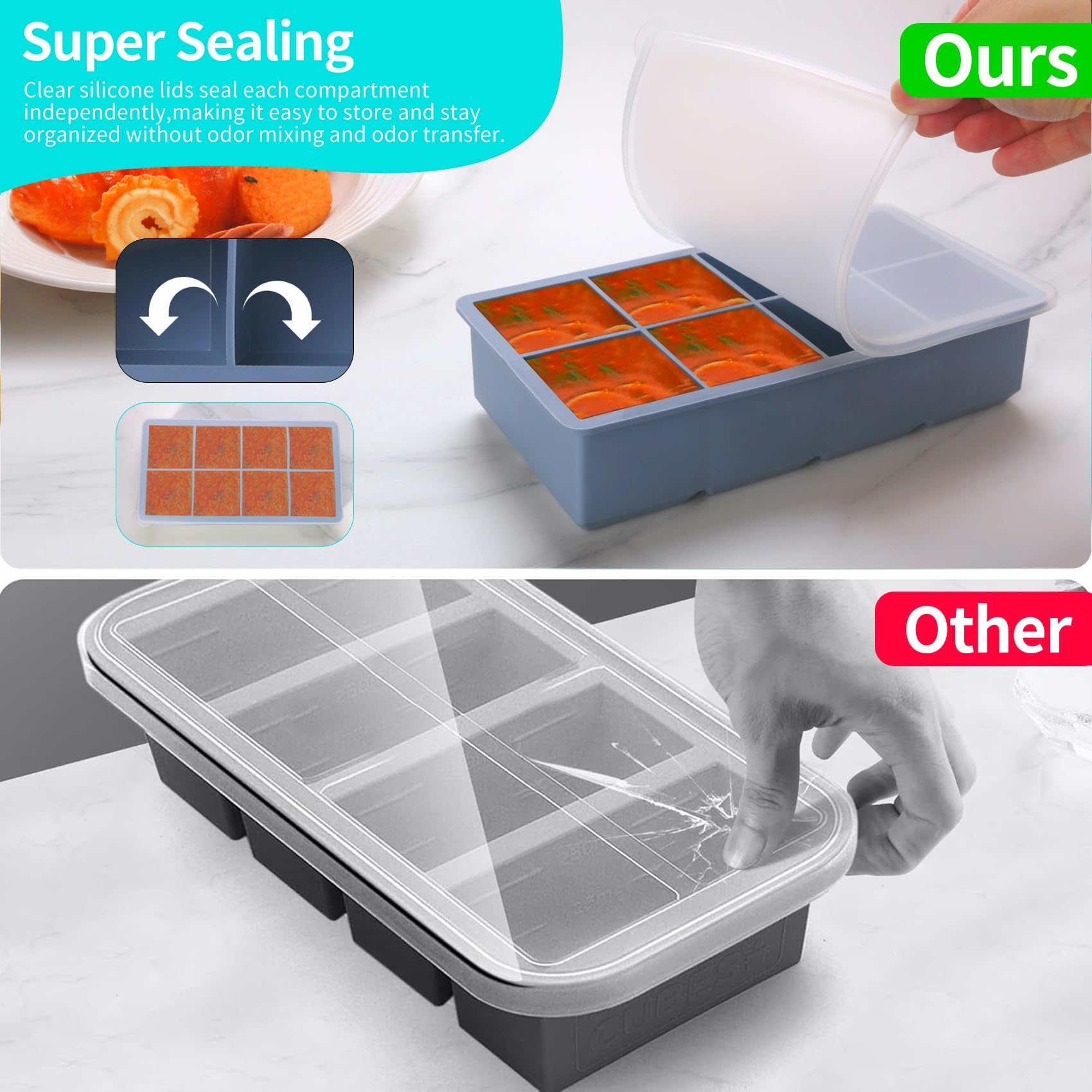 1/2 Cup Silicone Freezer Tray With Lid - Silicone Freezer Molds 4-Pack For meal prep & freezing of various sauces and other dishes, makes 32 perfect 1/2 cup portions cube (Blue 4 Pack)