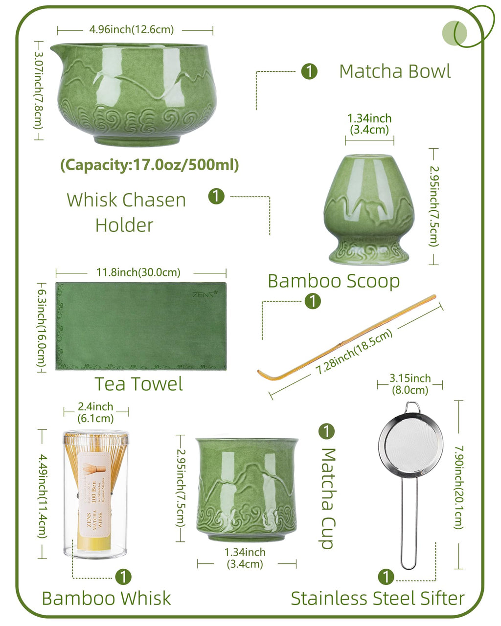 ZENS Matcha Whisk Set, 7pcs Matcha Set Includes Emerald Green Bowl and Matcha Cup, Bamboo Whisk & Scoop, Chasen Holder, 304 Sifter, Tea Mat, Matcha Kit for Latte Making