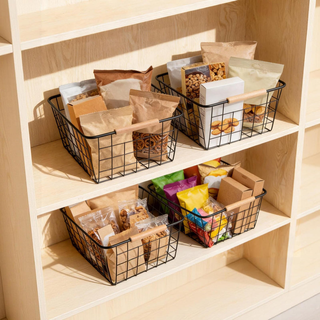 Black 2PCS Wire Storage Baskets with Wooden Handles for Pantry Organizer