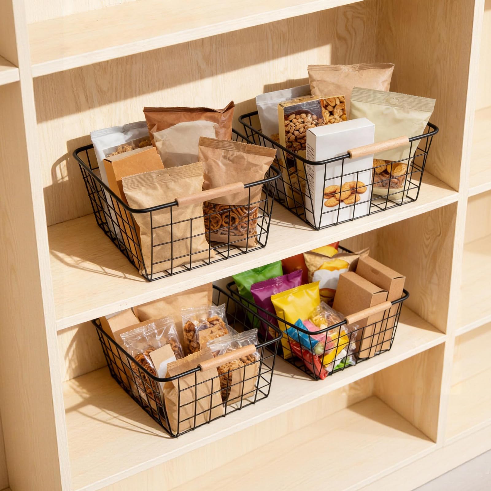 Black 2PCS Wire Storage Baskets with Wooden Handles for Pantry Organizer