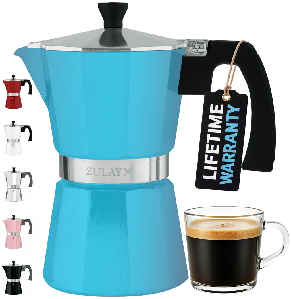 Zulay Premium Moka Pot Espresso - Leak-Proof Stovetop Espresso Maker - Perfect for Authentic Cuban & Italian Style Espresso - Makes 6 Espresso Cups - Light Blue