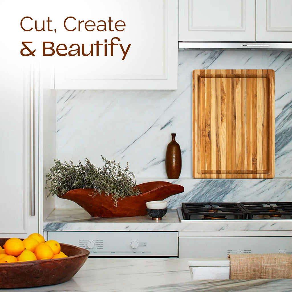 Yes4All Durable Teak Cutting Boards for Kitchen, [20''L x 15''W x 1.5” Thick] Large Edge Grain Cutting Board, Pre Oiled Wood Cutting Boards, Thick Chopping Board w/Juice Grooves and Easy Grip Handle