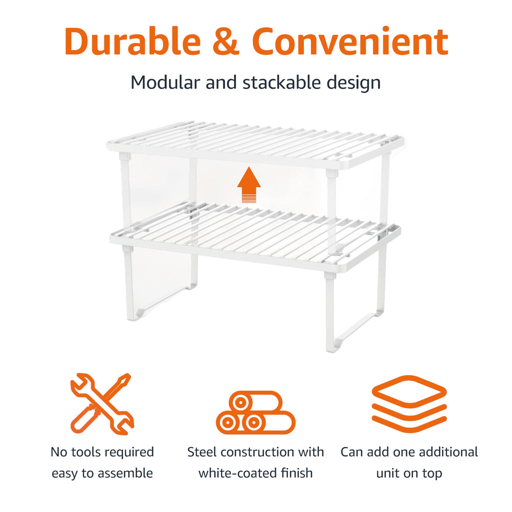 Amazon Basics Space-Saving Stackable Metal Kitchen Cabinet Organizer Shelves for Dishes, Pantry Organization, 12.5" L x 8" D x 4.5" H, Set of 2, White
