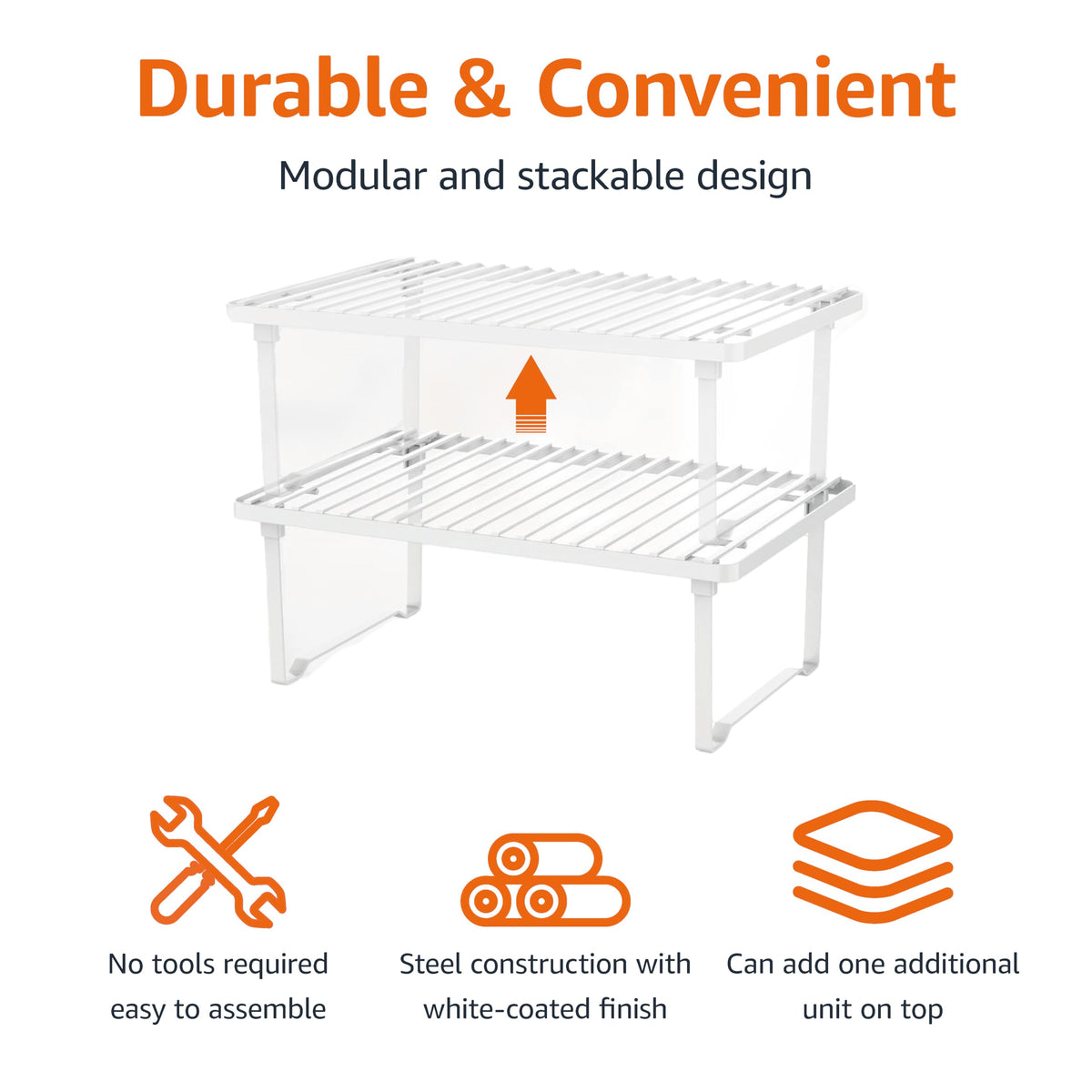 Amazon Basics Space-Saving Stackable Metal Kitchen Cabinet Organizer Shelves for Dishes, Pantry Organization, 12.5" L x 8" D x 4.5" H, Set of 2, White