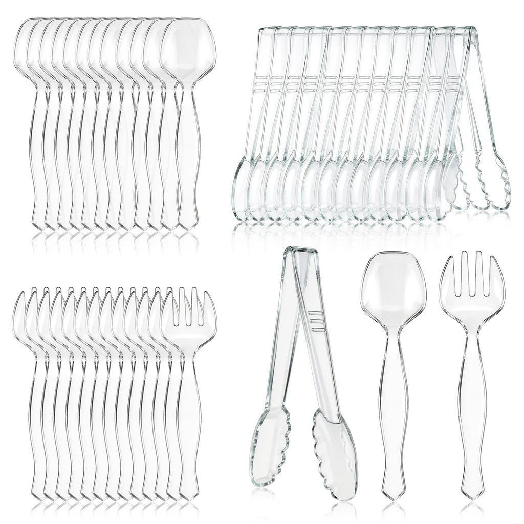 Mwellewm 36Pcs Serving Utensils Large Plastic Serving Utensils Set Serving Spoons for Buffet Clear Disposable Plastic Tongs 8.5'' Heavy Duty Slotted Spoons/Forks Supplies for Party Food Salad Soup