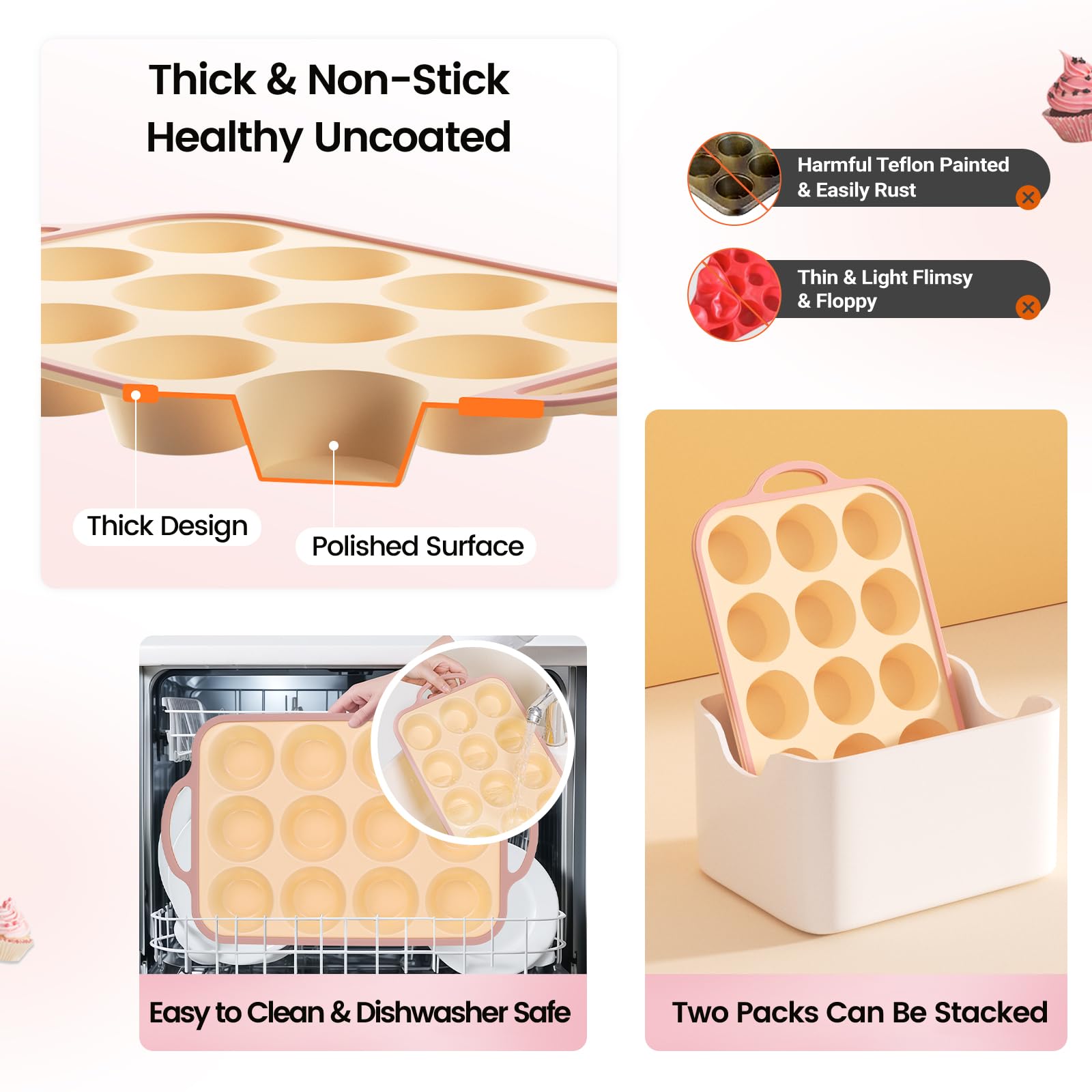 Fimary Silicone Muffin Pans for Baking 2 Pack, 2.6 Inch with Metal Reinforced Frame, Regular Size Nonstick Silicone Cupcake Pan for Baking Homemade Muffins, Cupcakes, Dishwasher Safe BPA Free-Yellow