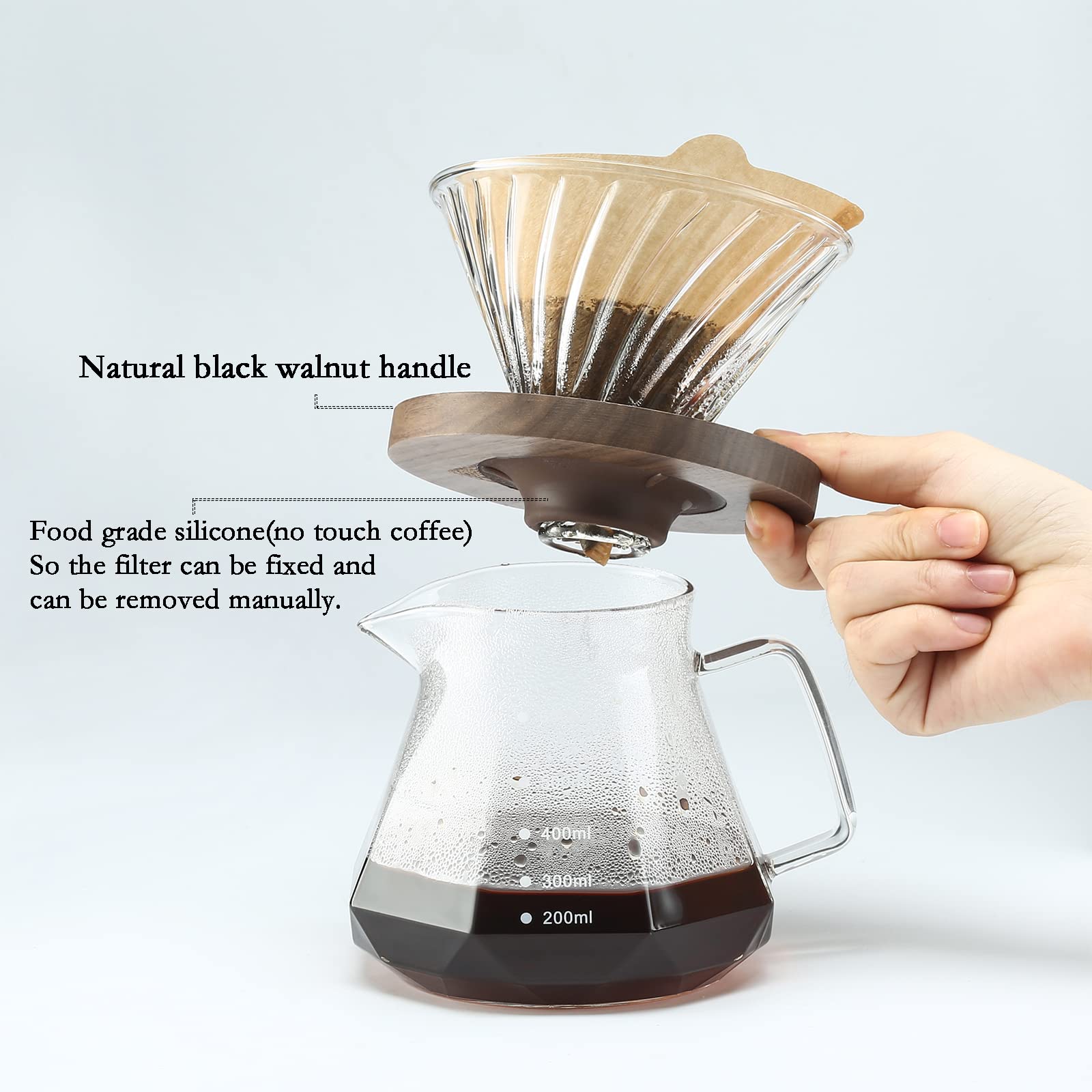 Lalord Pour Over Coffee Dripper with 100 pcs Size 02 Paper Filter, Walnut Handle and Borosilicate Glass, Glass Coffee Dripper, Hold for 1-4 Cups