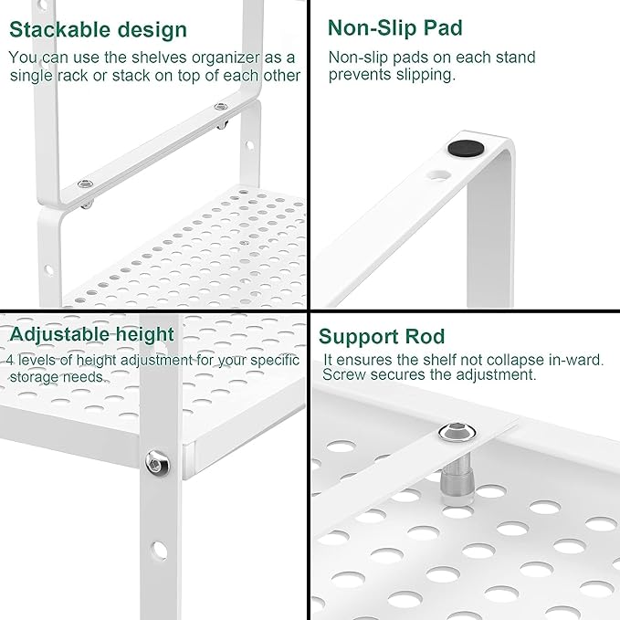 iPEGTOP Expandable Cabinet Storage Shelf Organizer Rack, Heavy Duty Stackable Steel Metal Spice Rack Adjustable Height Pantry Garage Shelf for Counter Kitchen Organization, White - 1 Pack