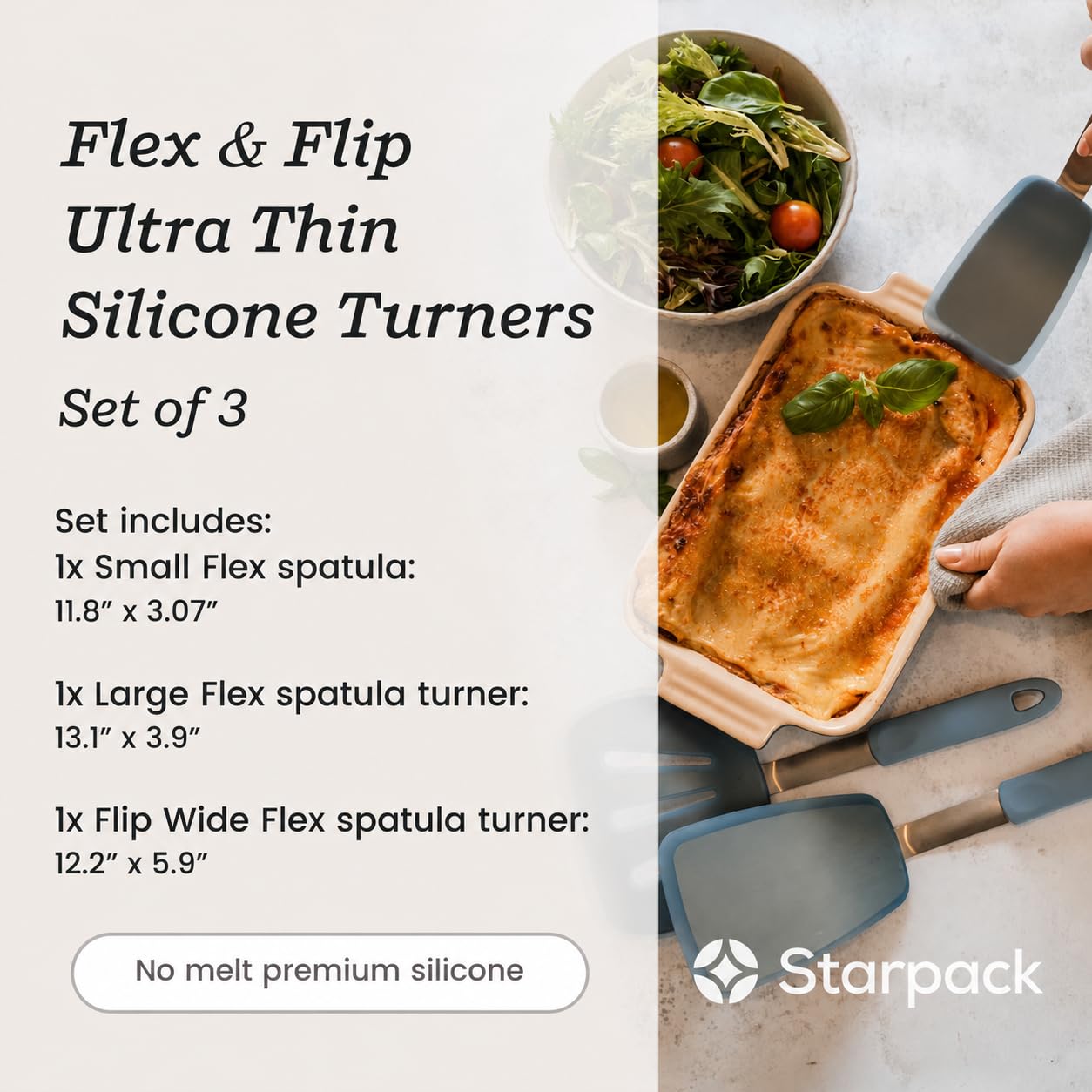 Starpack 'Flex & Flip' Flexible Silicone Turner Spatula Set (3 Pcs) - High Heat Resistant Spatulas for Cooking Egg 600°F - Silicone Pancake Turner Spatula, LFGB Grade Non Stick Rubber Kitchen Utensils