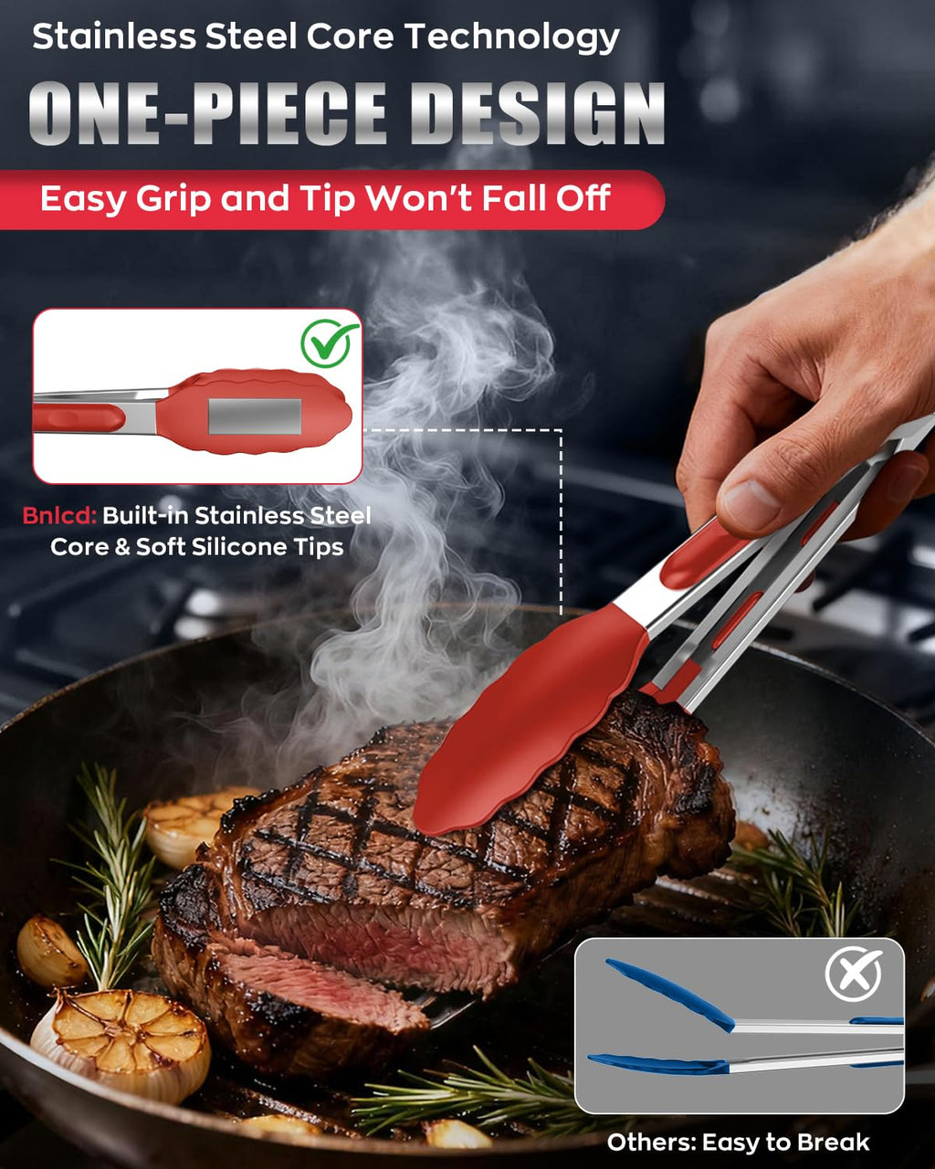 Bnlcd Good Grip Cooking Tongs with Silicone Tips, Set of 3-7" 9" and 12"