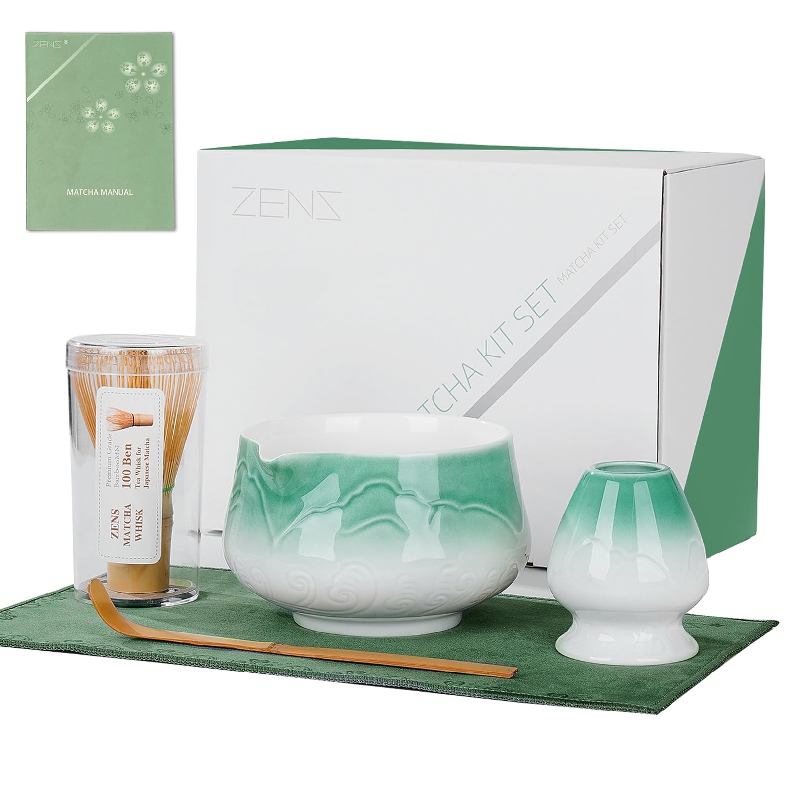 ZENS Matcha Whisk Set, 5pcs Matcha Kit Set Includes Ceramic Bowl, Bamboo Whisk and Chasen Holder, Scoop & Tea Mat for Matcha Ceremony, Blue