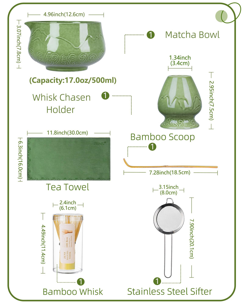 ZENS Matcha Whisk Set, 6Pcs Matcha Kit Set Includes Ceramic Bowl, Bamboo Whisk and Chasen Holder,Scoop, 304 Stainless Sifter & Tea Mat, Matcha Set for Tea Ceremony, Blue