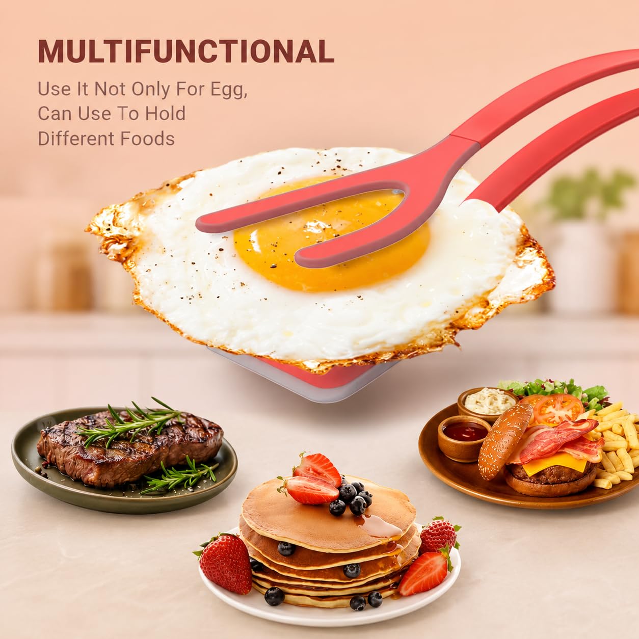 ZONZEST Silicone Egg Flipper Spatula Tongs (Set of 1) – Non-Stick 2-in-1 Grip & Flip Kitchen Tongs for Pancakes, Fish, Eggs, and More – Heat Resistant Cooking Tool (Red)