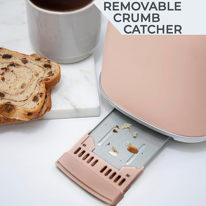 Rae Dunn Retro Rounded Bread Toaster, 2 Slice Stainless Steel Toaster with Removable Crumb Tray, Wide Slot with 6 Browning Levels, Bagel, Defrost and Cancel Options, Blush