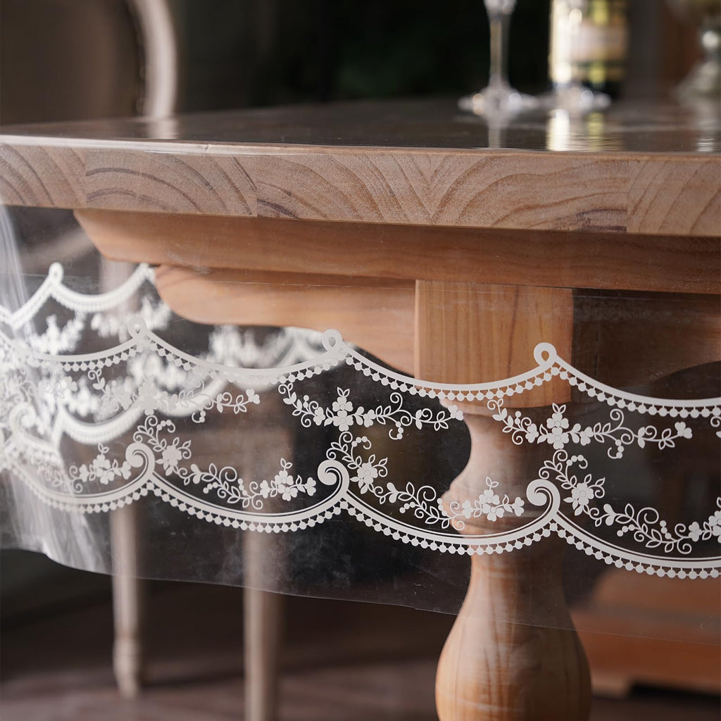 Artbloss Clear Table Cover Protector Plastic Vinyl Table Cloth with White Lace Pattern Oil Spill Proof Plastic Tablecloths for Dining Tables Parties Holidays (French Lace, 60 x 84 Inches)