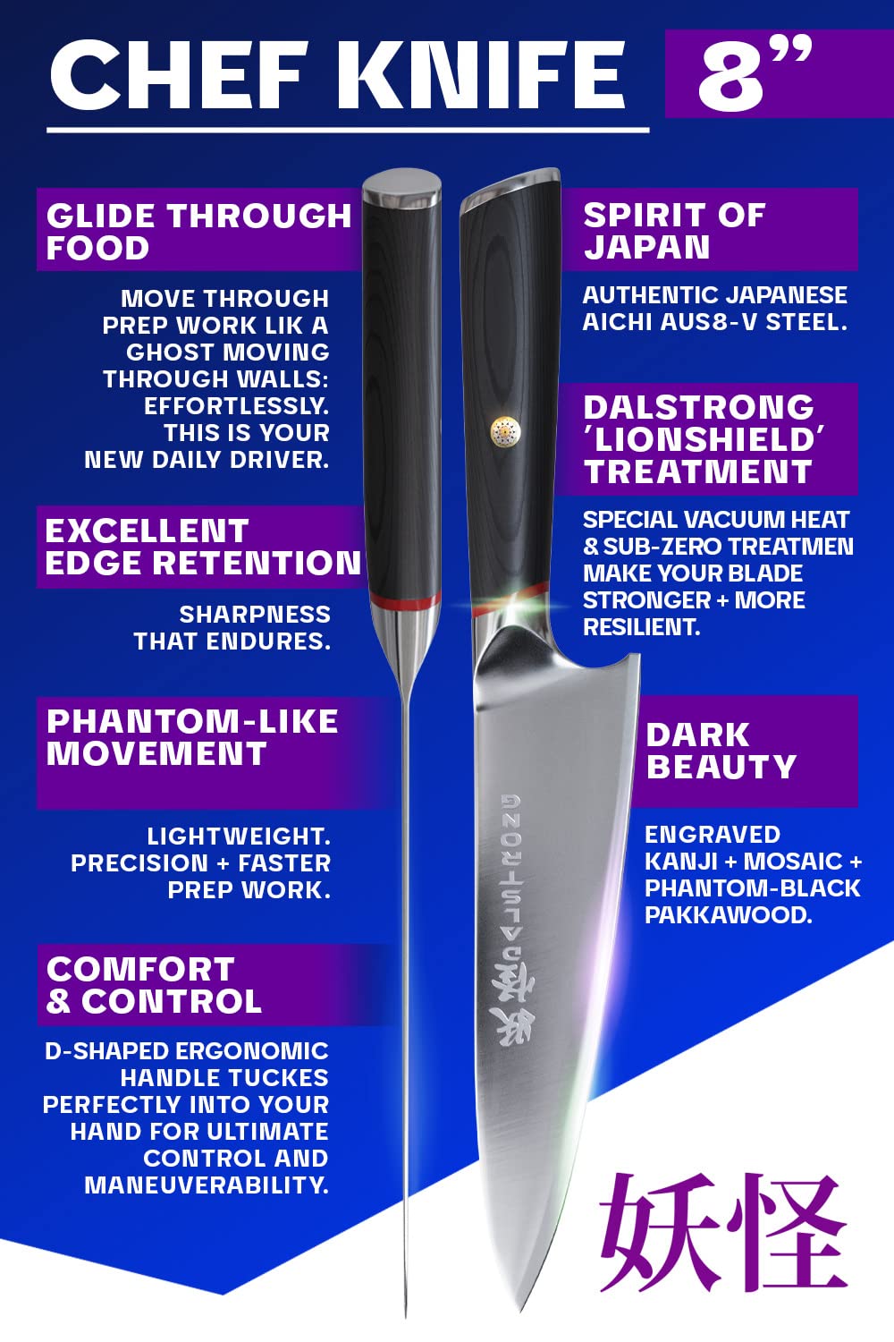 Dalstrong Chef Knife - 8 inch - Phantom Series - Japanese High-Carbon AUS8 Steel Kitchen Knife - Pakkawood Handle - Cooking Knife - Razor Sharp Chef's Knife - Sheath Included