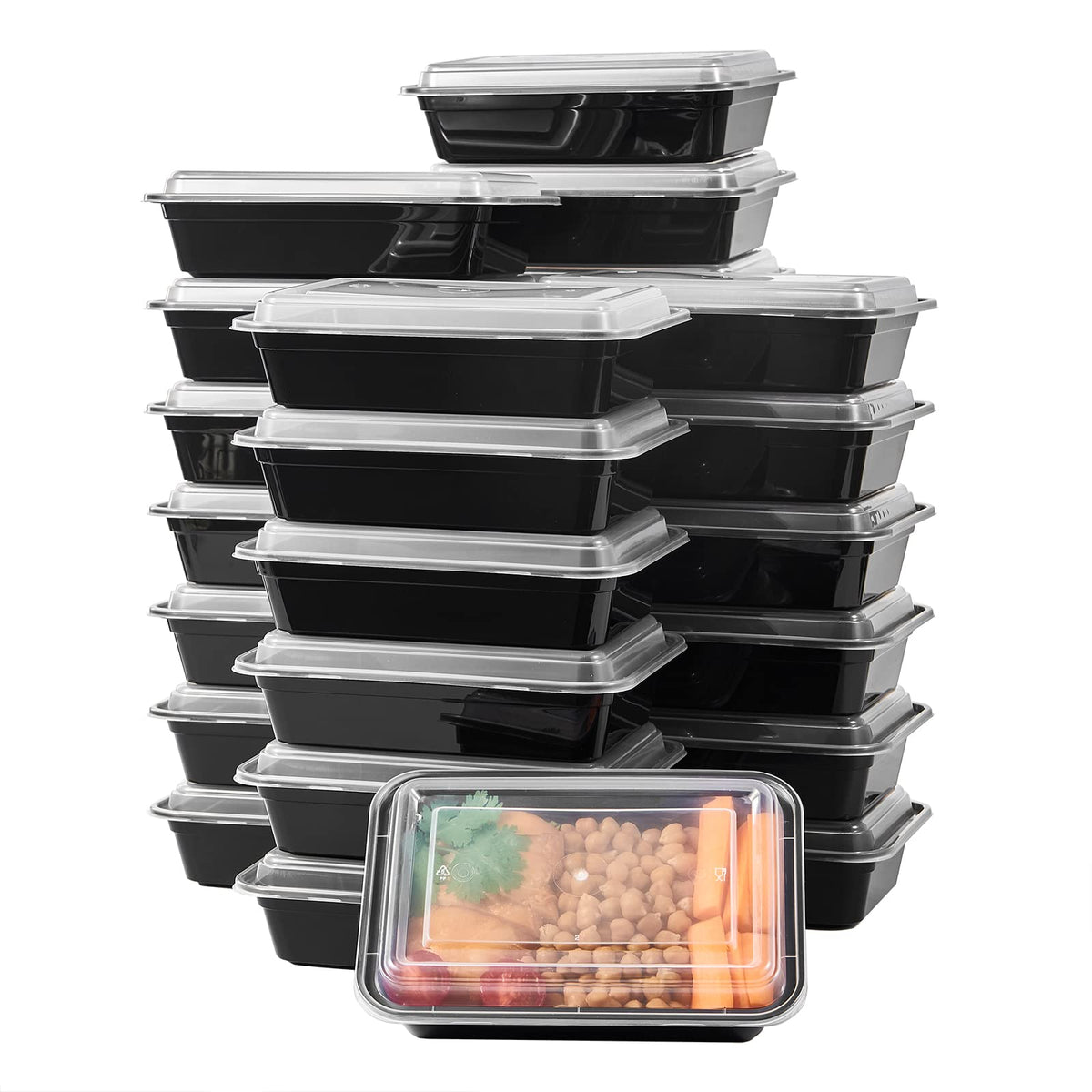 FULING 24 oz 50 ct Round Meal Prep Food Storage Containers with Lids To Go Plastic Lunch Plan Box Disposable Take Out Bowls Black BPA Free Reusable Durable Stackable Microwave Freezer Dishwasher Safe