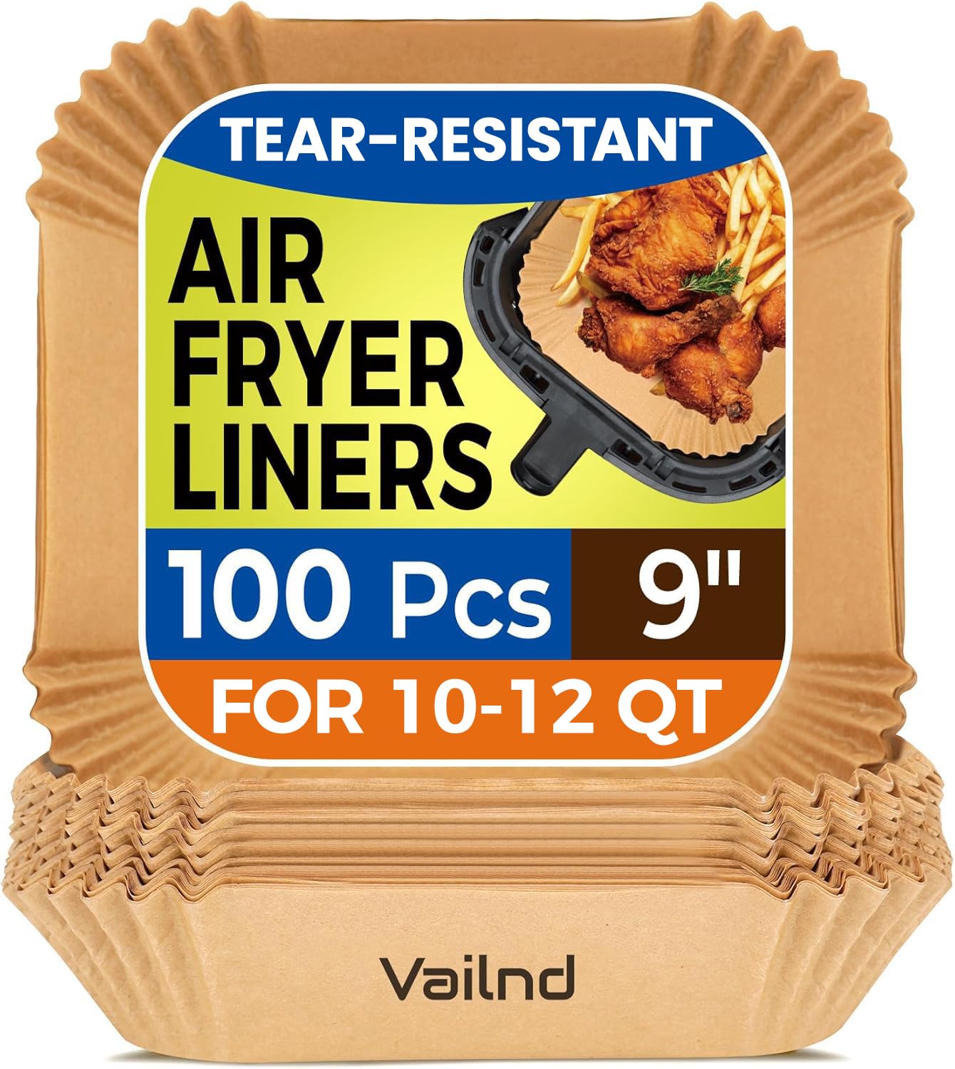 Vailnd 100Pcs 9 Inch Air Fryer Liners Disposable Square for 10-12 QT