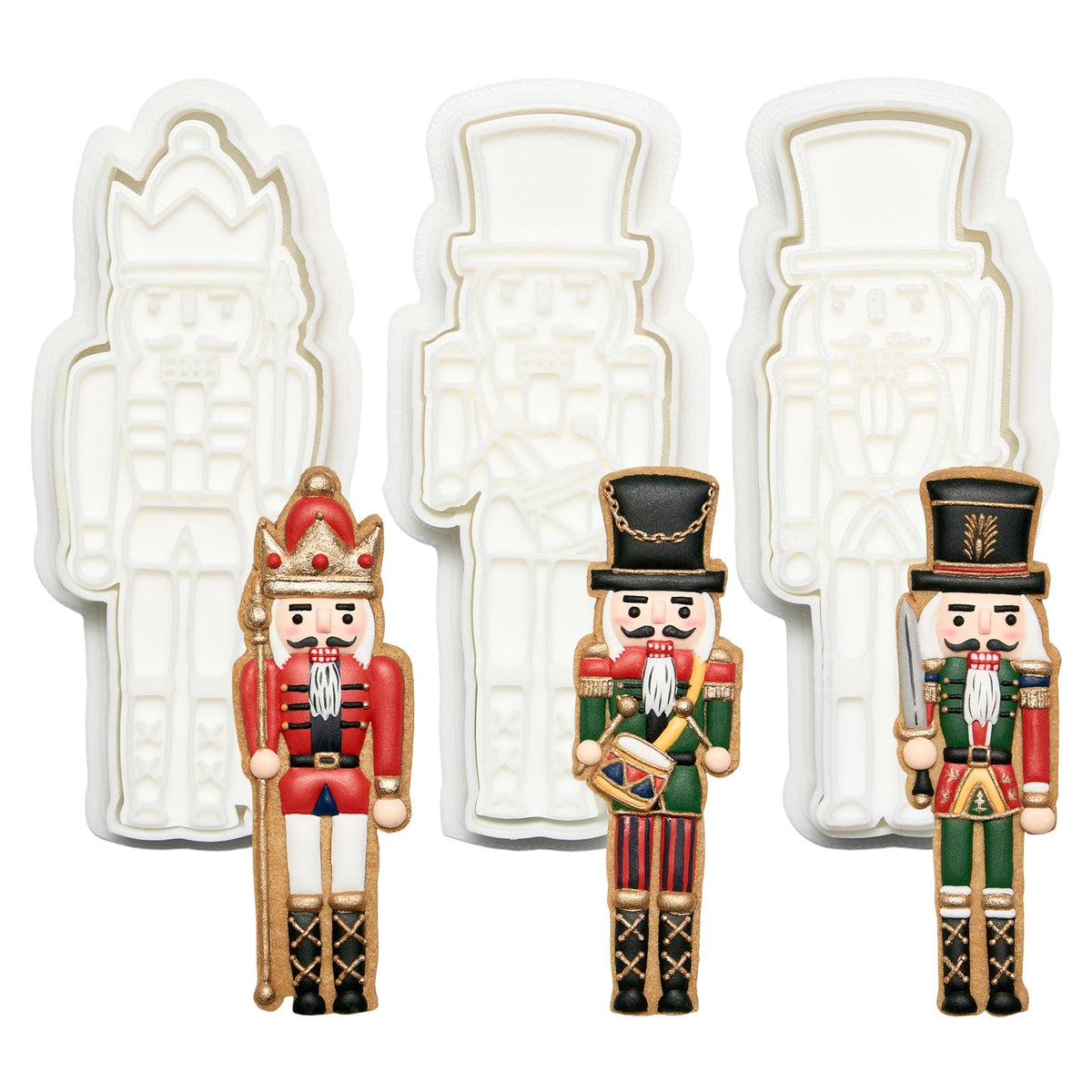 Flycalf Christmas Cookie Cutters Nutcracker Shapes with 3D Stamper Fall Holiday PLA Baking Accessories Cutter Molds Gifts for Kids Decorative Party 3.5" Kitchen Cake Supplies
