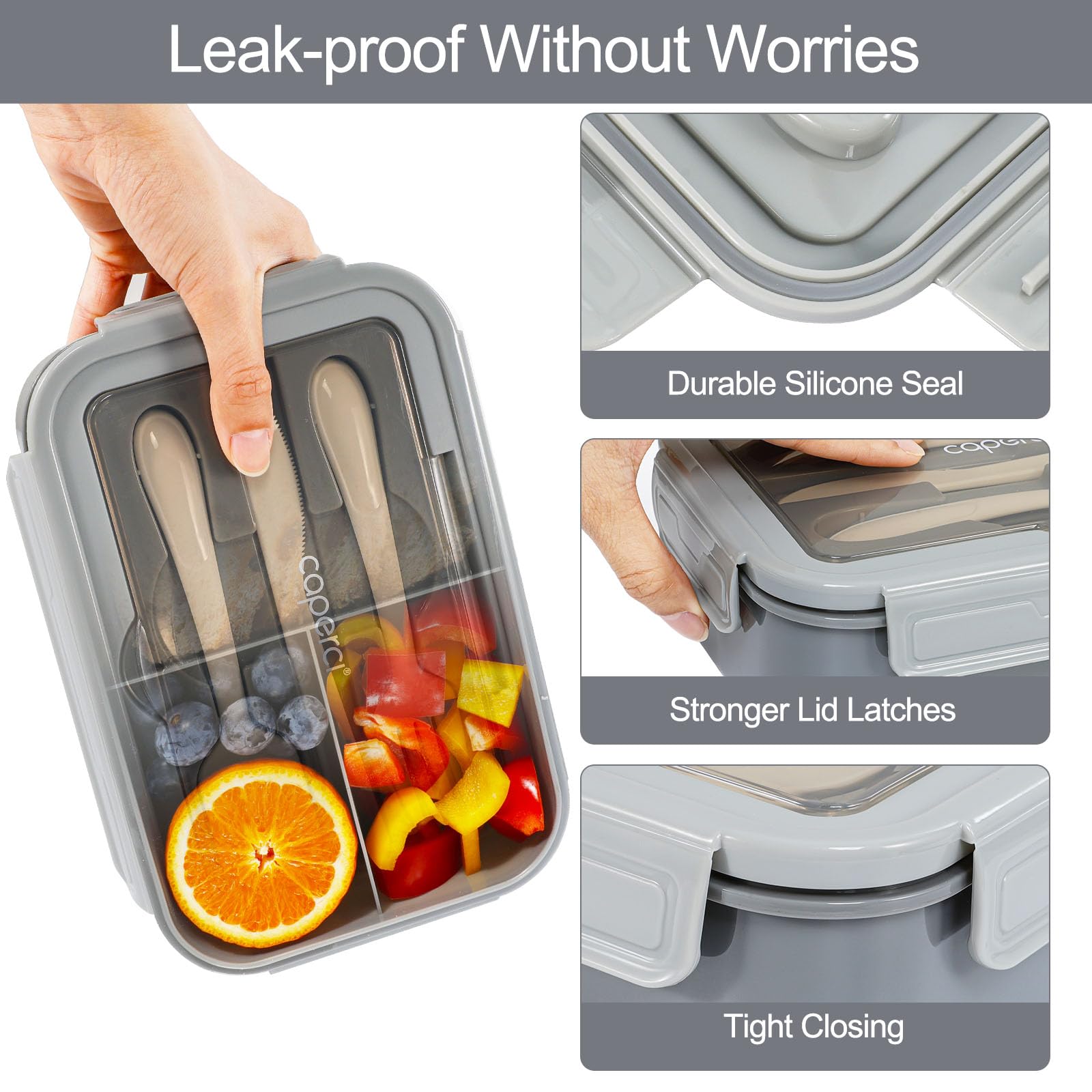 Caperci Classic Bento Box Adult Lunch Box for Older Kids - Leakpoof 47 oz 3-Compartment Lunch Containers for Adults and Teens, Built-in Utensil Set, Ideal for On-the-Go Balanced Eating, Gray