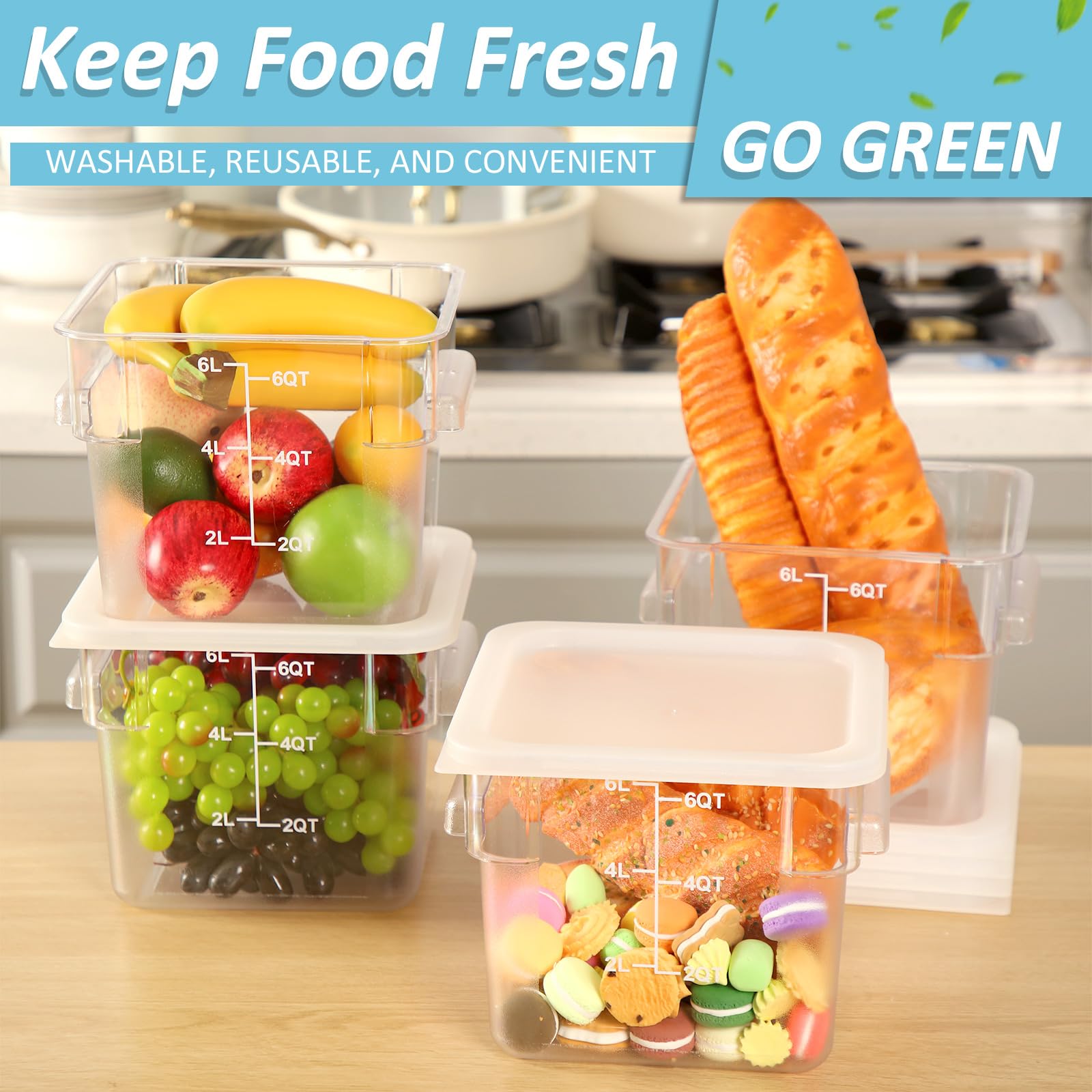Yungyan 12 Pcs 6 Qt Commercial Food Storage Containers with white Lids Restaurant Square Airtight Food Storage Containers Clear Cereal Container for Kitchen Freezer Dishwasher Pantry