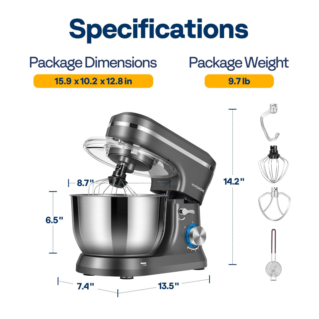 VIVOHOME 4.75 Quart Stand Mixer, 8 Speed Kitchen Electric Food Mixer, Household Stand Mixer for Baking, Cake, Bread with Beater, Dough Hook, Wire Whip and Egg Separator, Gray