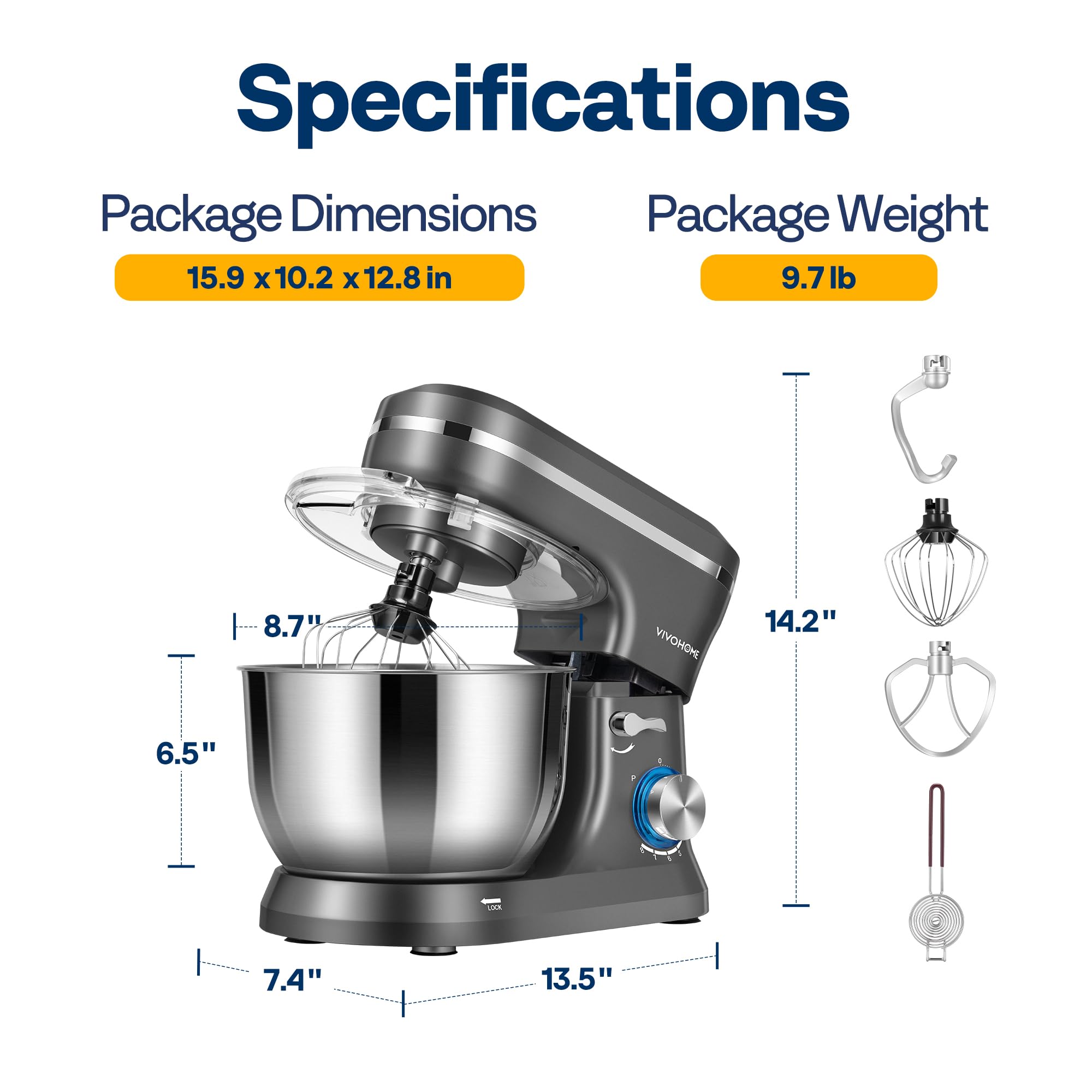 VIVOHOME 4.75 Quart Stand Mixer, 8 Speed Kitchen Electric Food Mixer, Household Stand Mixer for Baking, Cake, Bread with Beater, Dough Hook, Wire Whip and Egg Separator, Gray