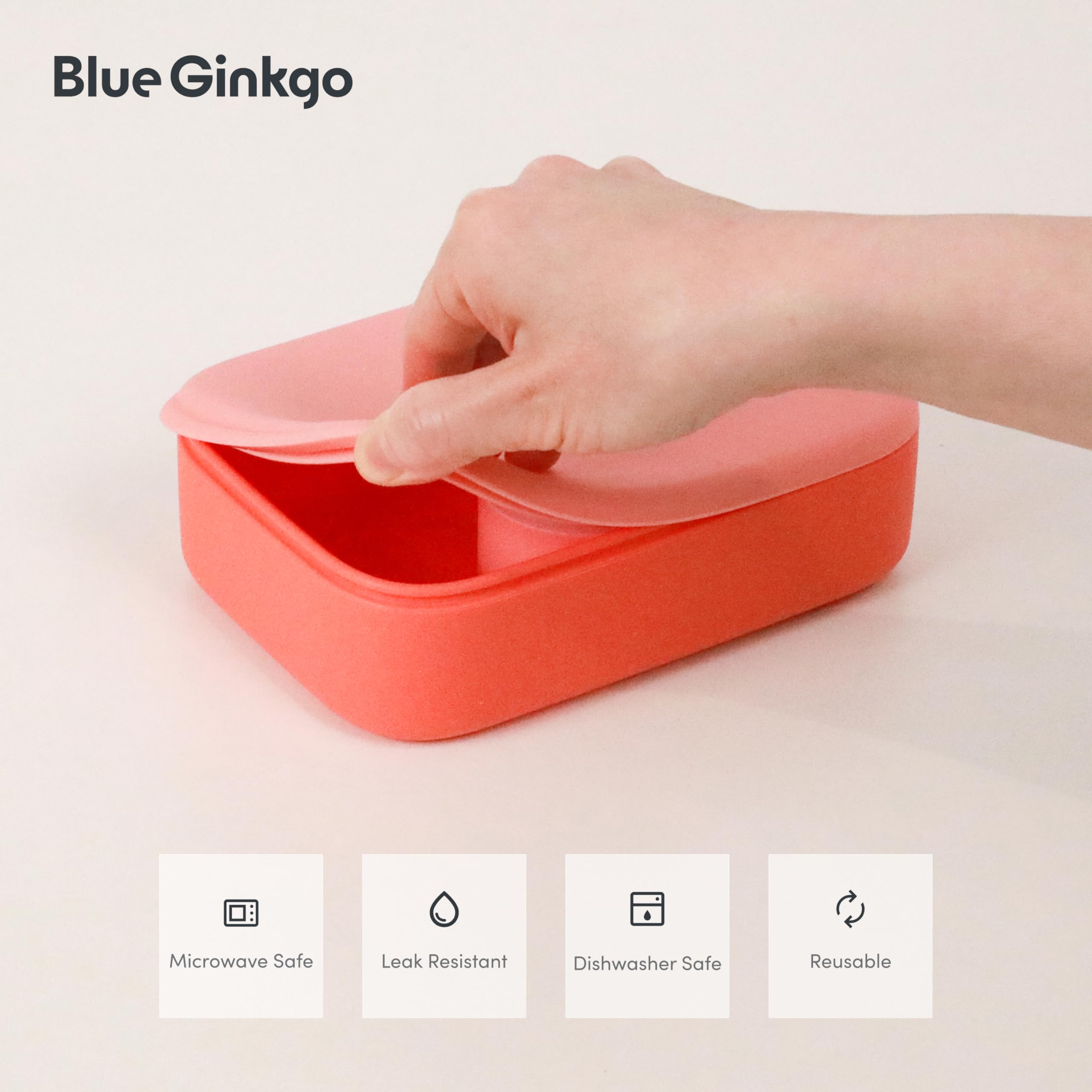 BLUE GINKGO Bento-Style Silicone Lunch Box Set, Coral, Made in Korea