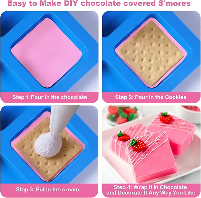 Sidosir 3Pcs Chocolate Covered Cookie S'mores Molds, 6-Cavity Square Molds Silicone for Smores, Non-Stick Silicone Baking Mold for Graham, Chocolate, Graham Crackers, Candy