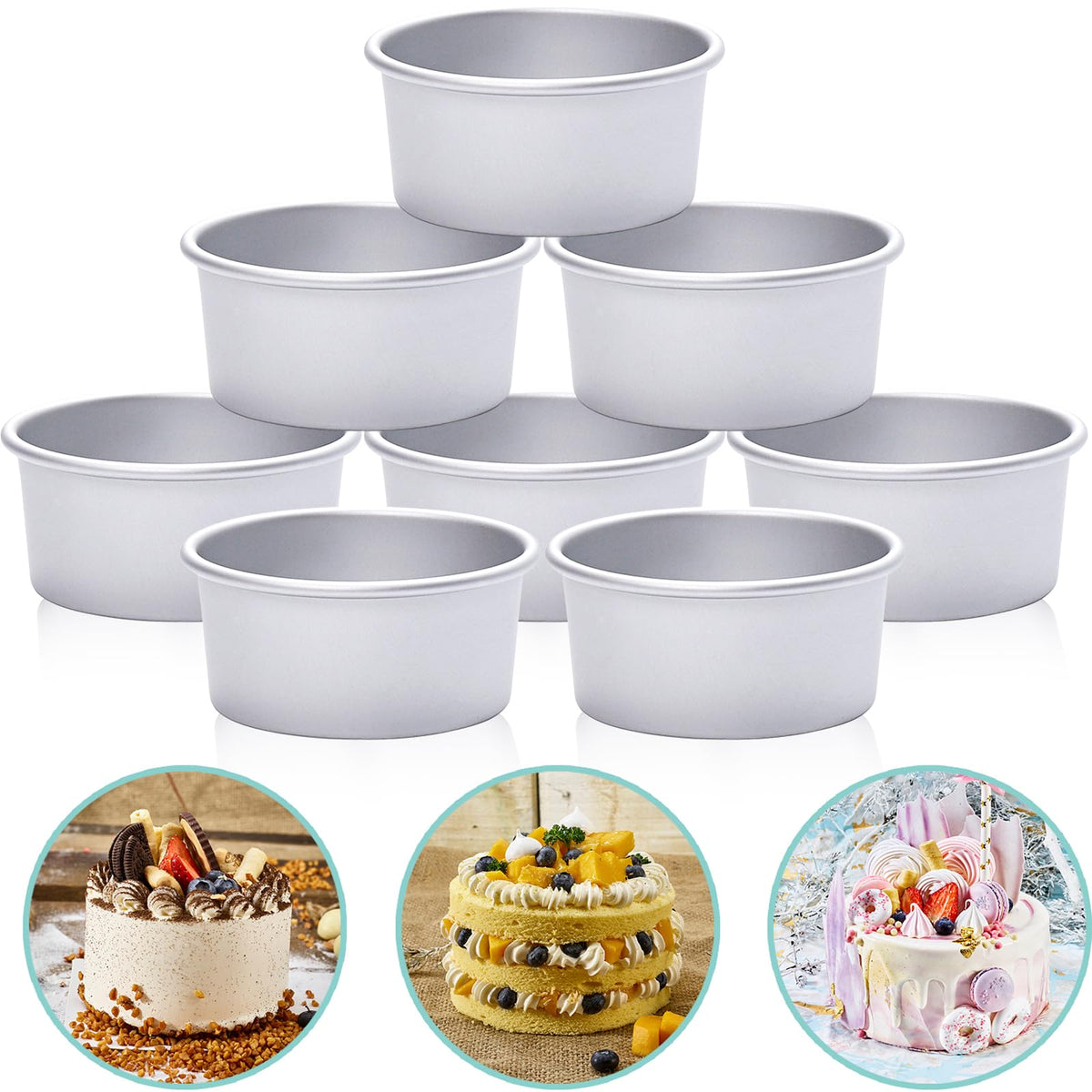 HomeMall 4 Inch Aluminum Round Cake Pan, 8 Pieces Non-stick Mini Cake Baking Pan - Layer Baking Round Cake Pans Set for Home Kitchen DIY Baking Tools Supplies