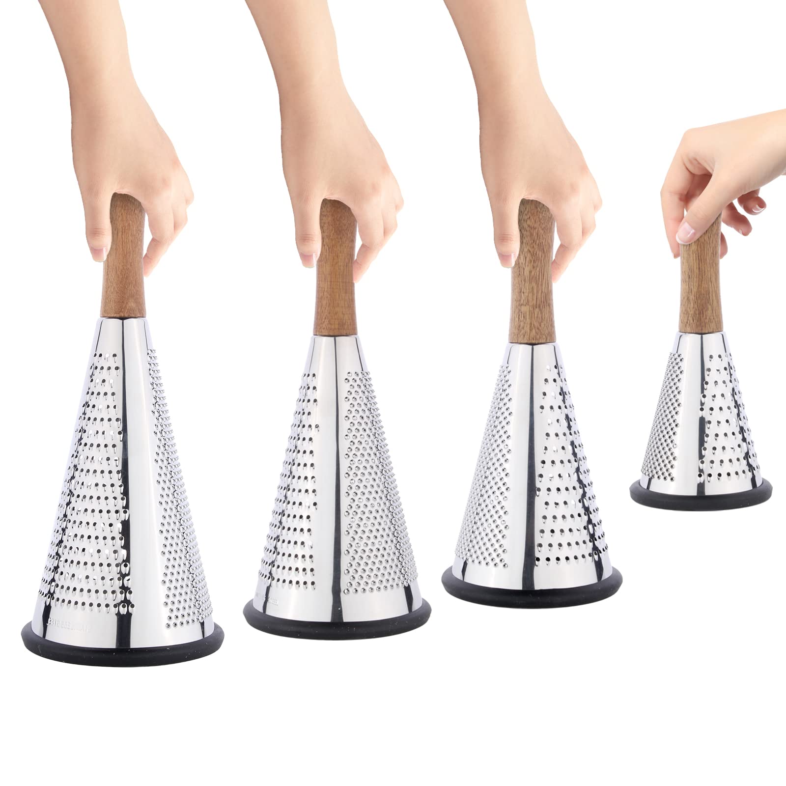Cone Cheese Grater with Handle - Stainless Steel Triple Function Wood Handle Parmesan Shaver Non-Slip Rubber Bottom Hand Held Multifunction Vegetables Cheese Grater with container (M: 9.4" X 4.3")