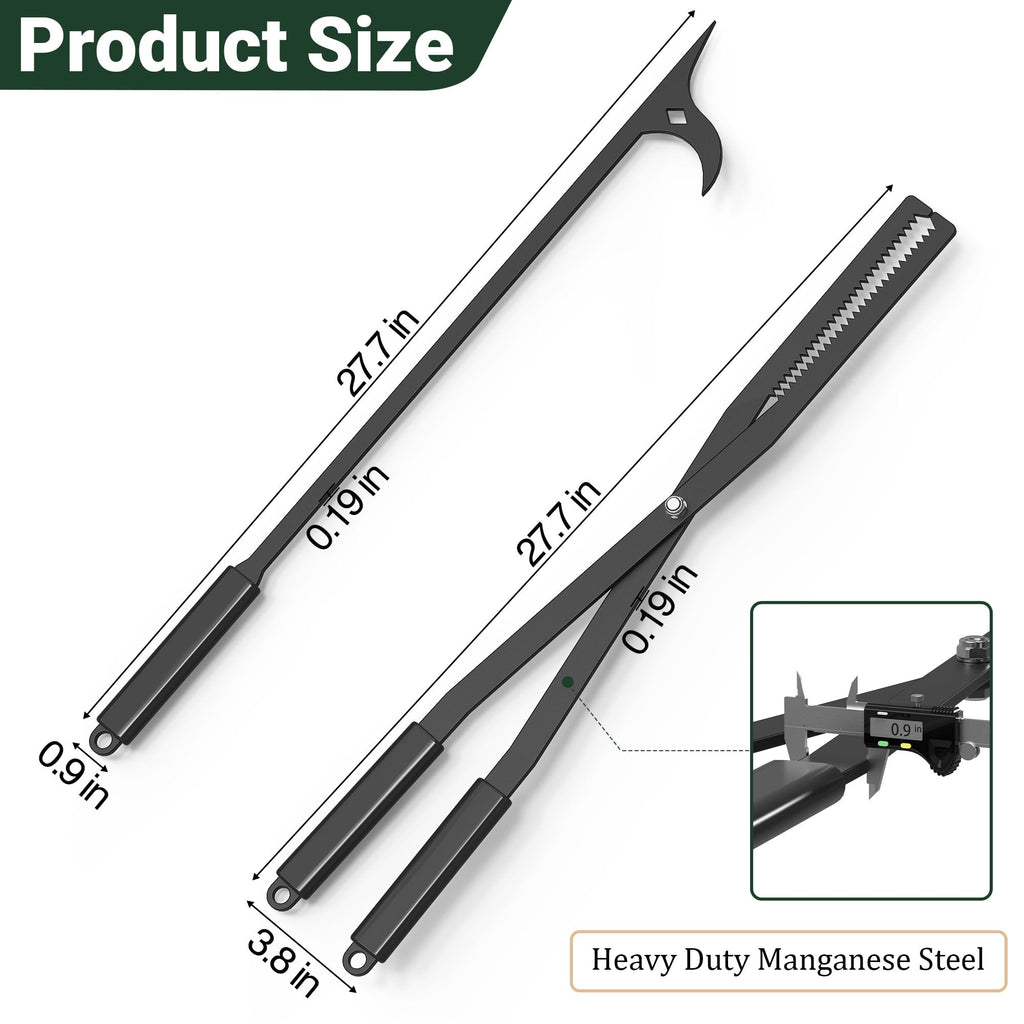 Tredre Fire Tongs and Fire Poker Set, Manganese Steel Fire Pit Tools for Outside, Heavy Duty Fireplace Tongs Log Grabber for Campfire, Wood Stove, Rust-Resistant Firewood Tong Set