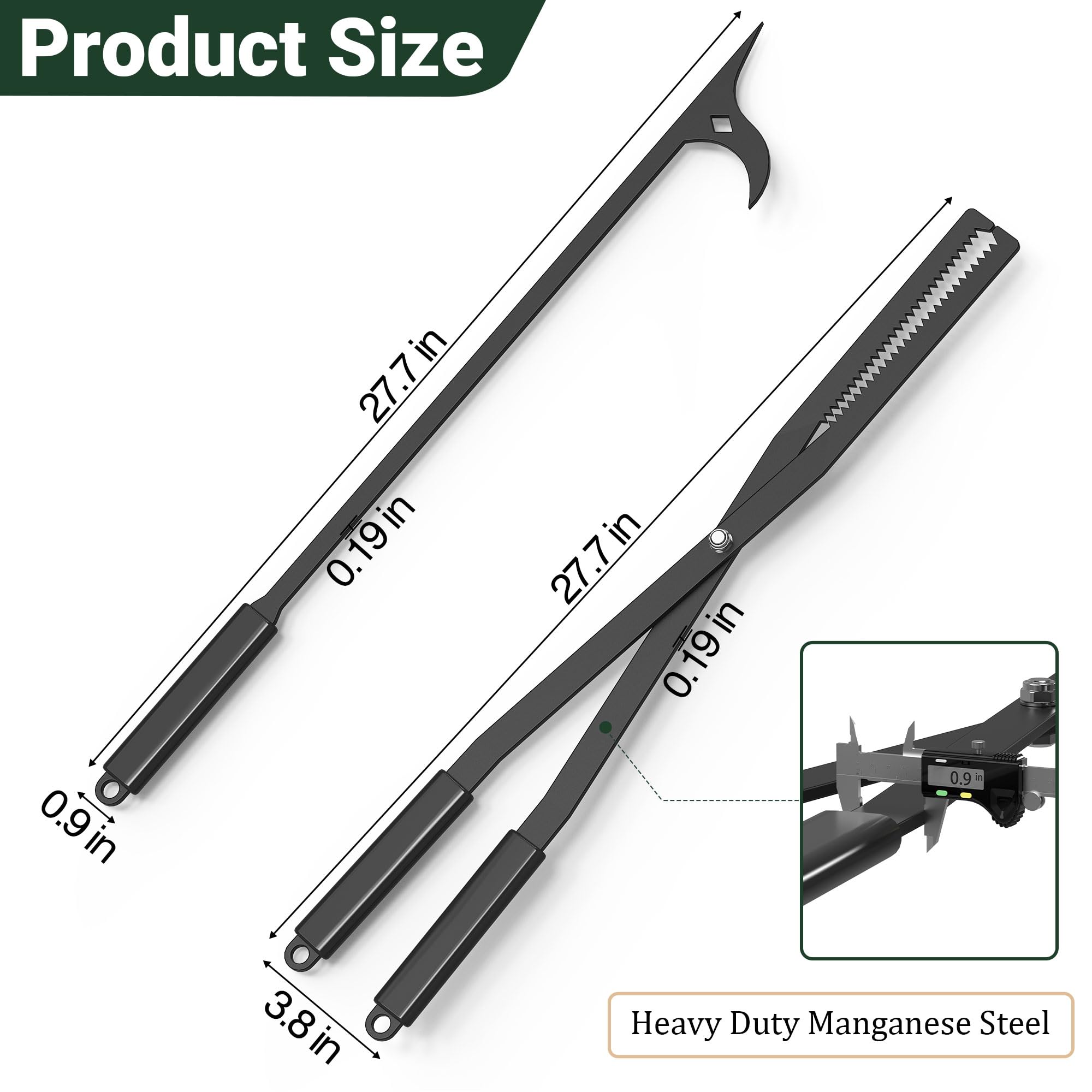 Tredre Fire Tongs and Fire Poker Set, Manganese Steel Fire Pit Tools for Outside, Heavy Duty Fireplace Tongs Log Grabber for Campfire, Wood Stove, Rust-Resistant Firewood Tong Set