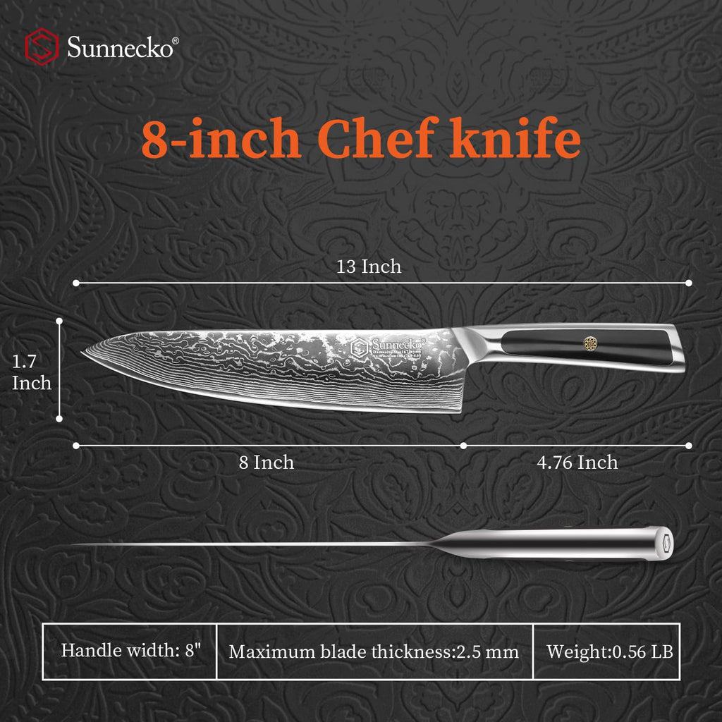Sunnecko 8 Inch Japanese Damascus Chef Knife - Ultra Sharp VG10 Steel