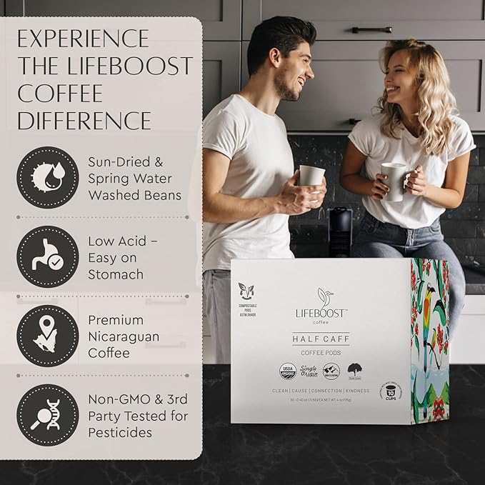 Lifeboost Half Caff Coffee K Cups - Low Acid Half Caff Coffee Pods - Single Origin Non-GMO Mold Free Pods Compatible with Keurig & Keurig 2 - No Mycotoxins or Pesticides - 10 Count (Pack of 2)