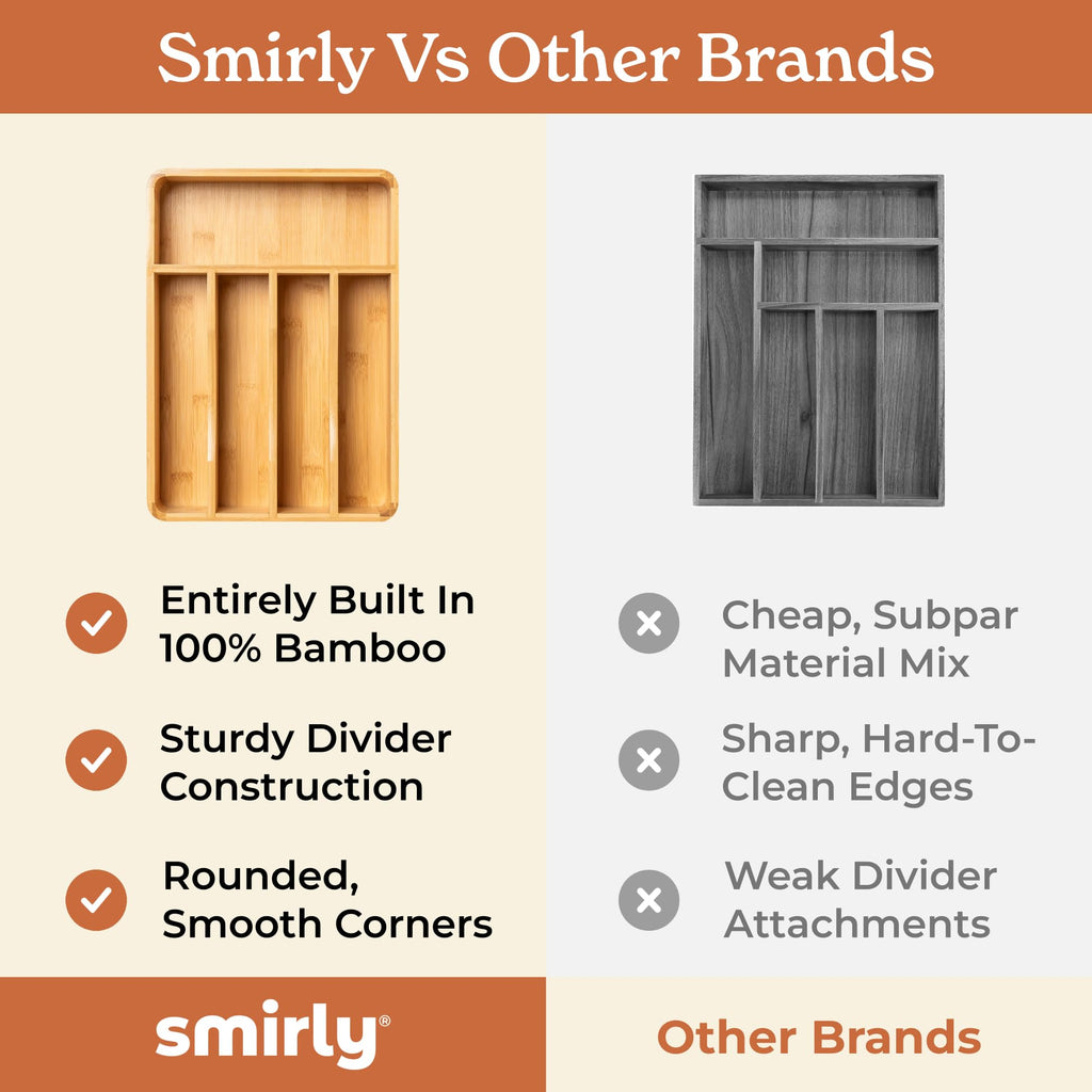 SMIRLY Silverware Drawer Organizer – Bamboo Kitchen Drawer Organizer, Adjustable Utensil Holder and Cutlery Tray, Drawer Dividers for Flatware and Kitchen Utensils